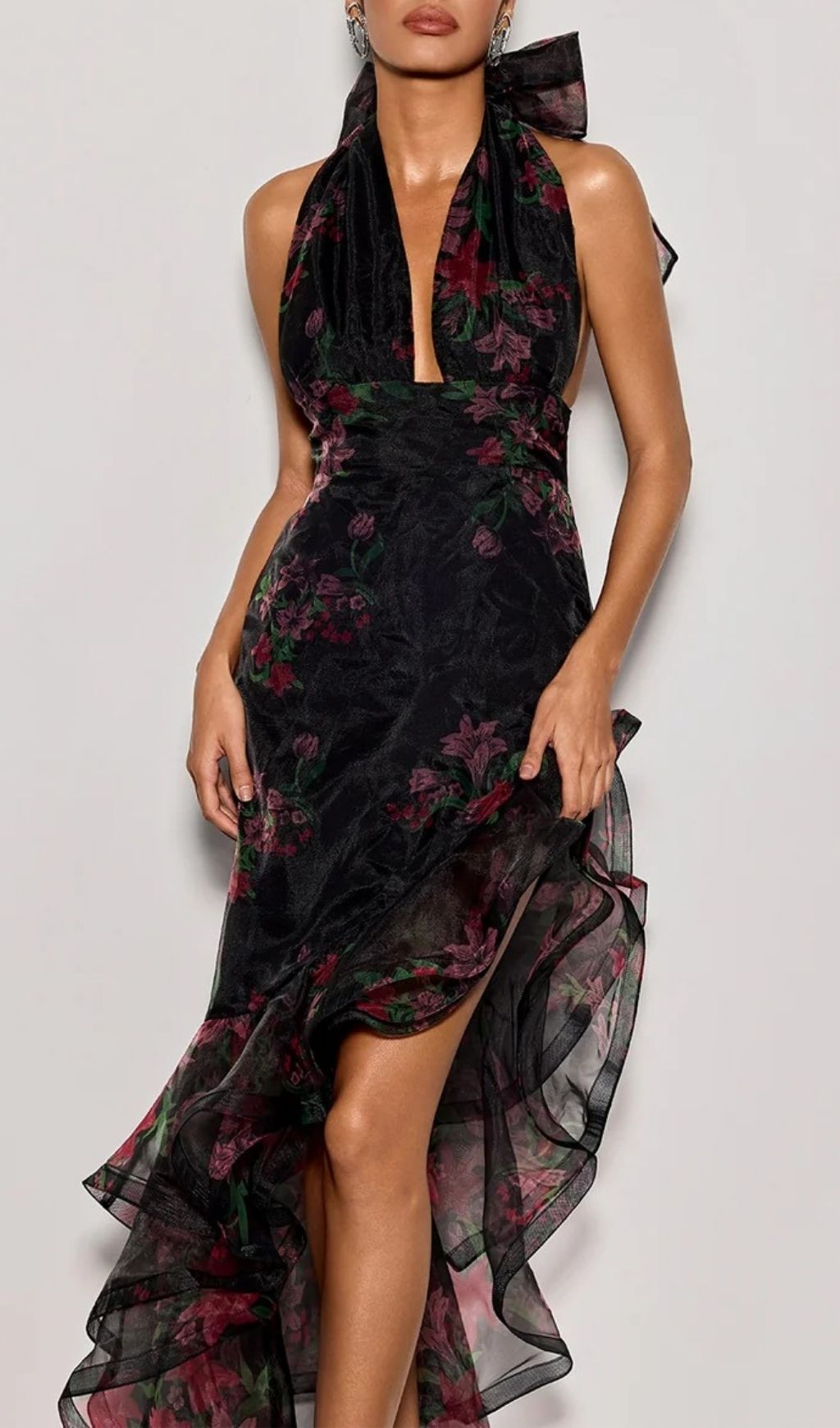 Cynna Enchanting Floral Ruffle Halter Maxi Dress with Bow Detail