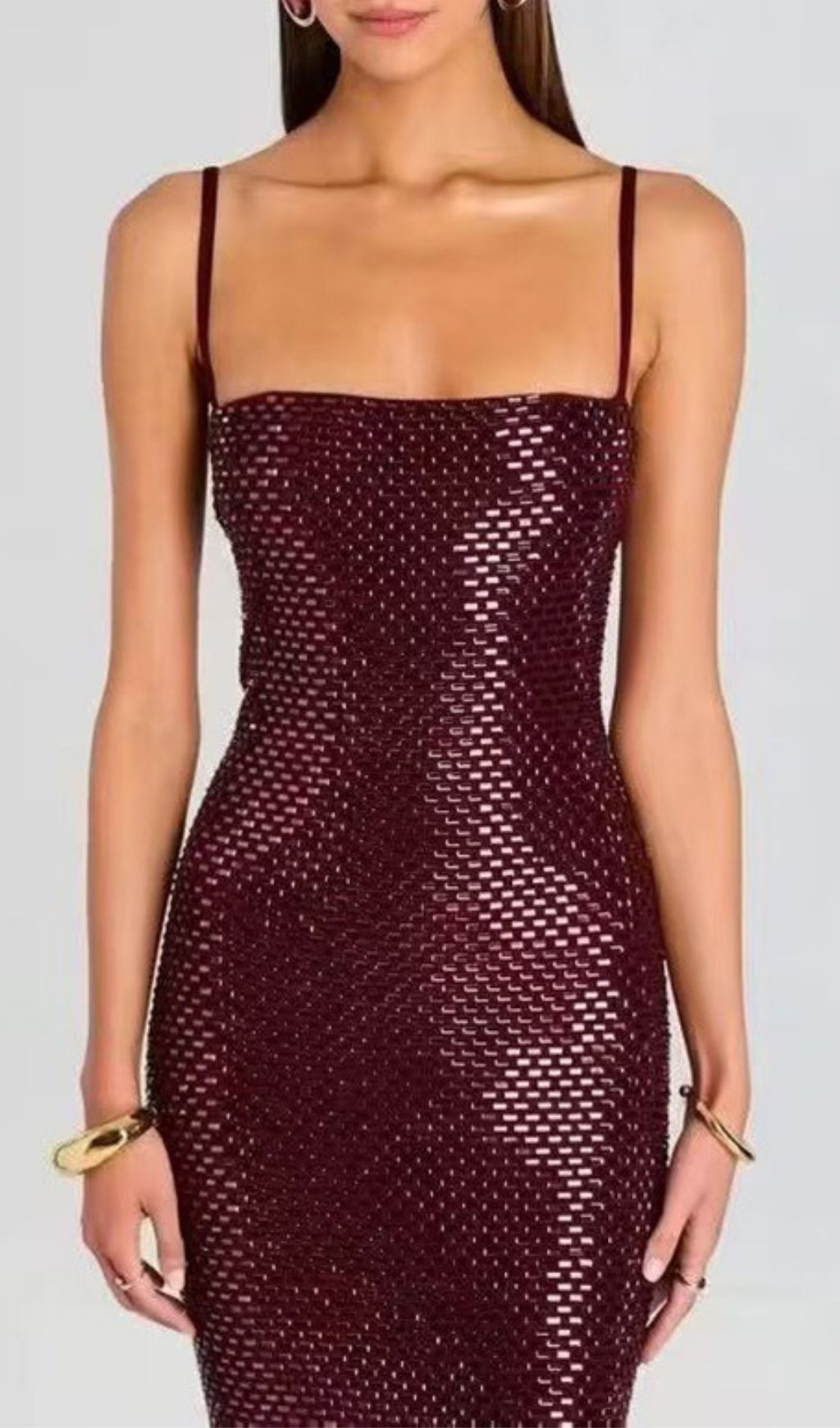 Kiyo Wine Strappy Sequin Bodycon Maxi Dress