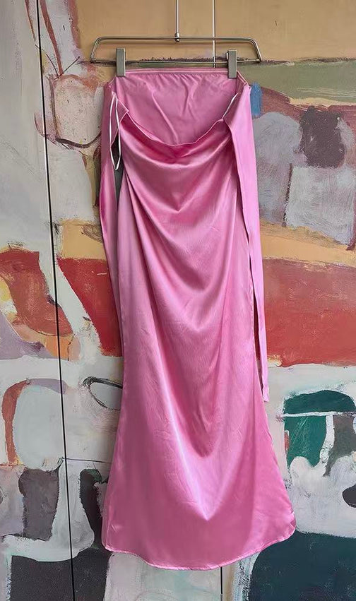 Pink Satin Halter Ruched Midi Dress with Back Bow