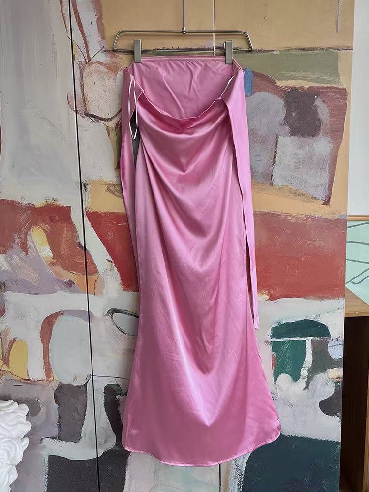 Pink Satin Halter Ruched Midi Dress with Back Bow
