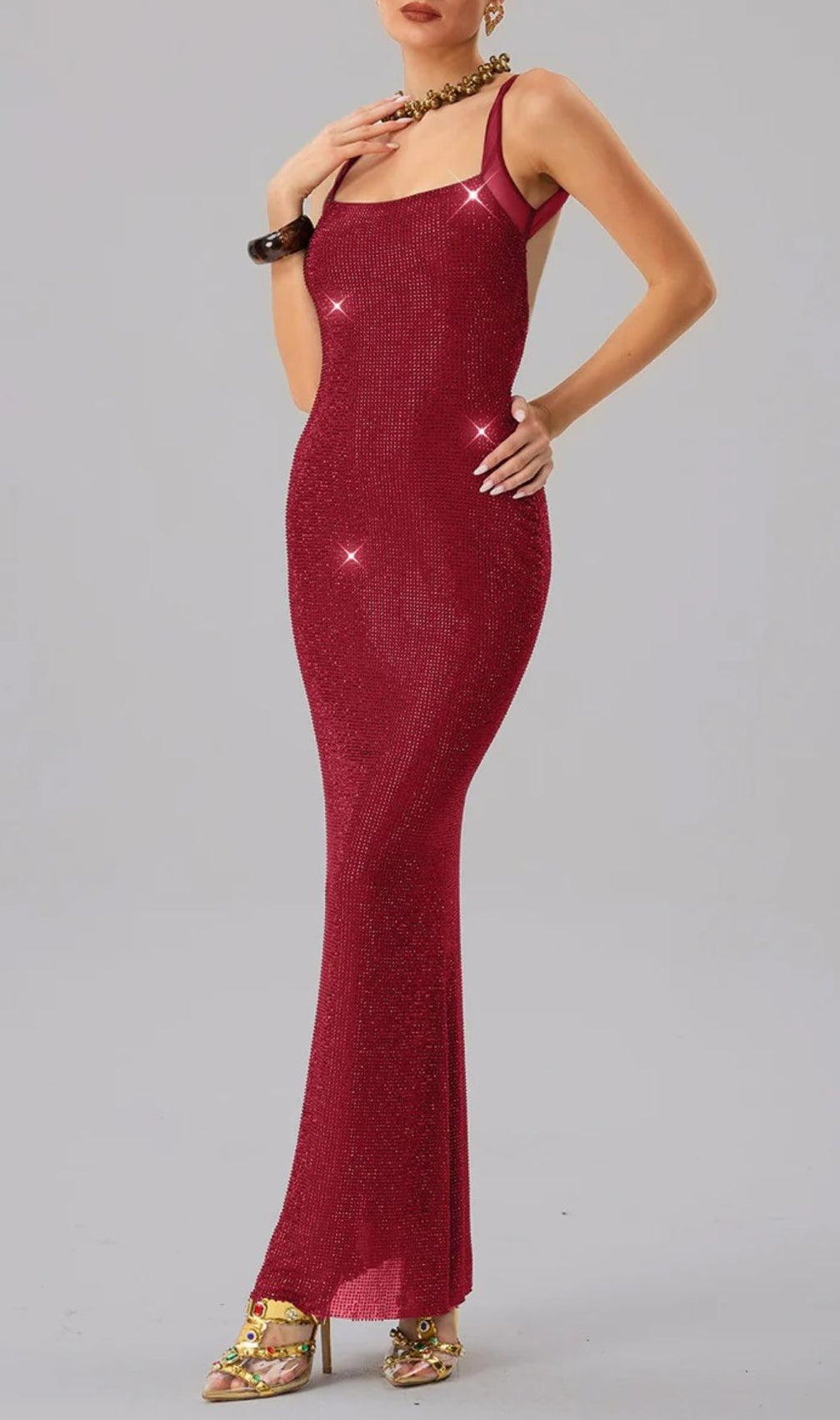 Dazzling Red Rhinestone Backless Maxi Dress | Sparkle & Glamour for Her