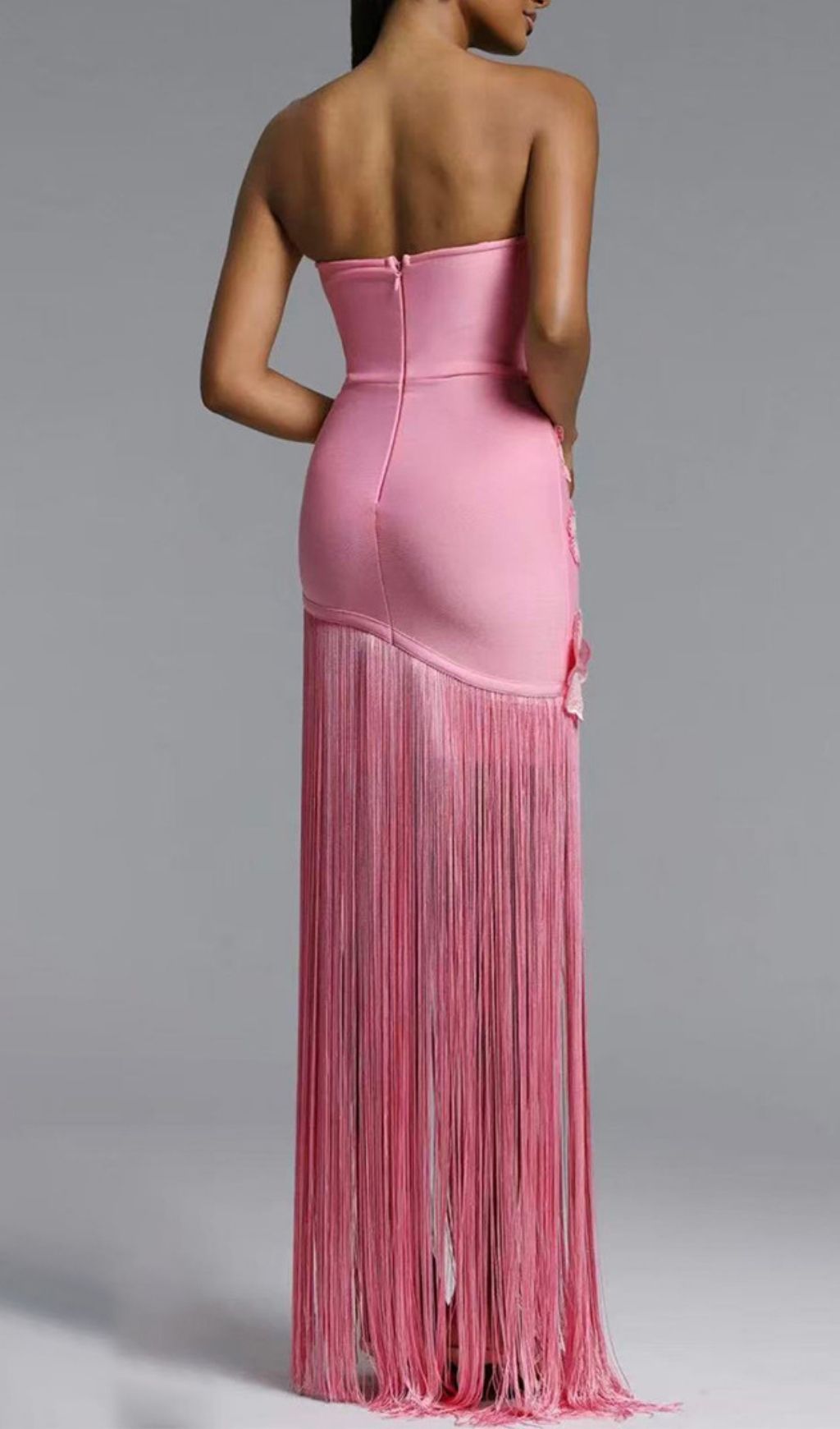 Koa Pink Strapless Flower Tassel Bandage Maxi Dress