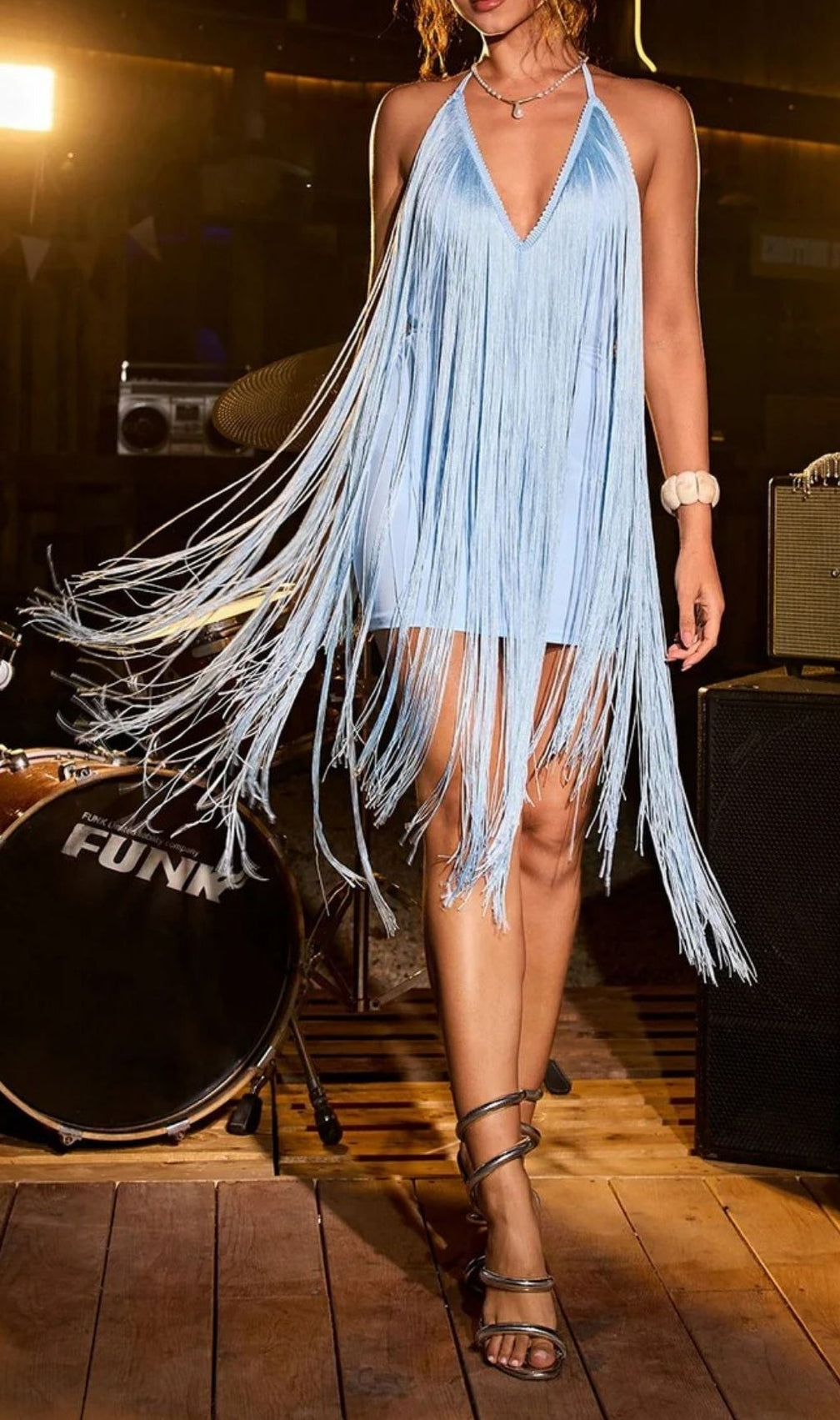 Turn Heads: Claribel Halterneck Fringe Midi Dress in Baby Blue