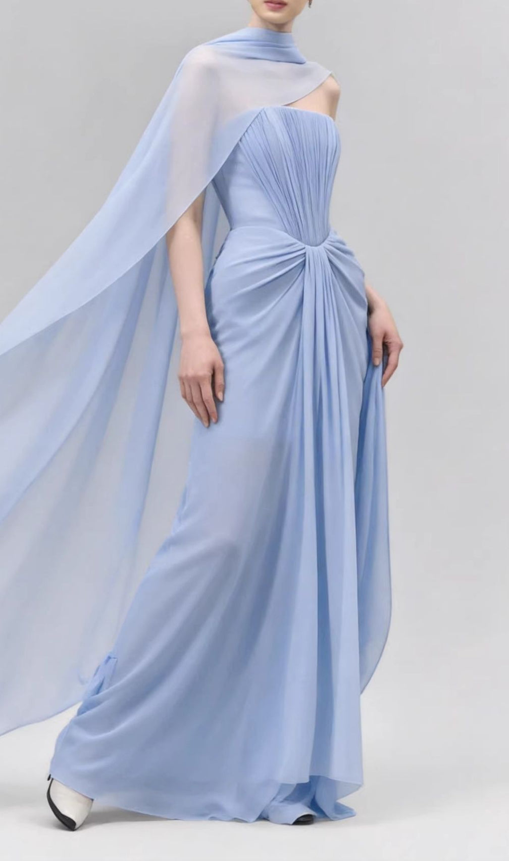 Kayley Periwinkle Blue Strapless Pleated Maxi Gown with Draped Shawl - Event Ready Elegance