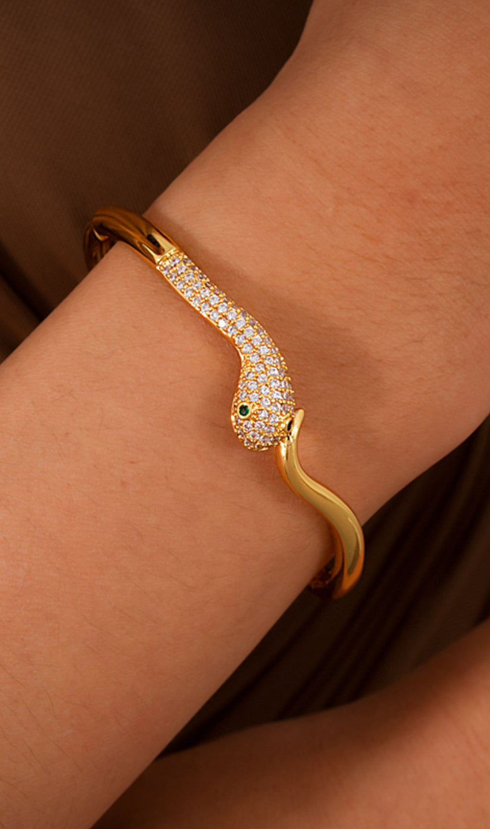 Glamorous Jonilde Pave Snake Bangle Bracelet with Emerald Green Eyes