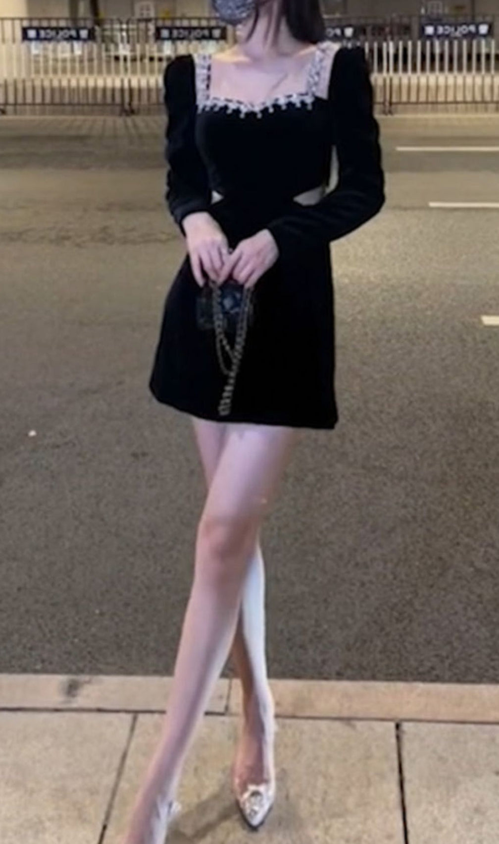 Square Neck Long Sleeve Velvet Mini Dress