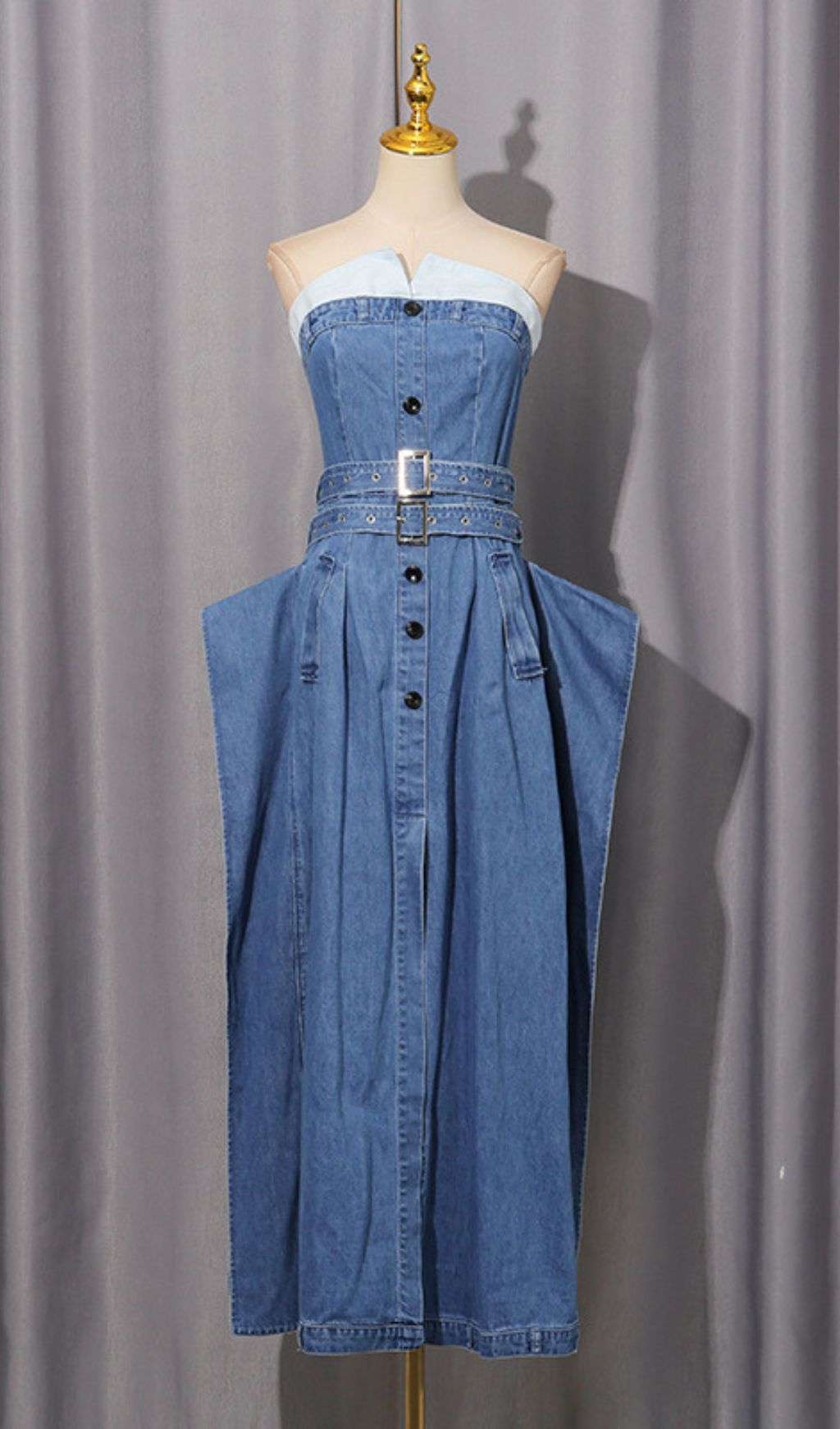 Isako Chic Strapless Denim Midi Dress with Belt – Effortless Elegance