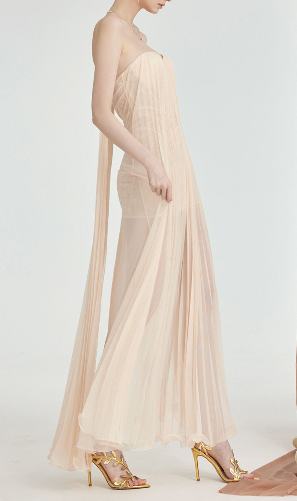 Fintan Apricot Strapless Mesh Lace Maxi Dress