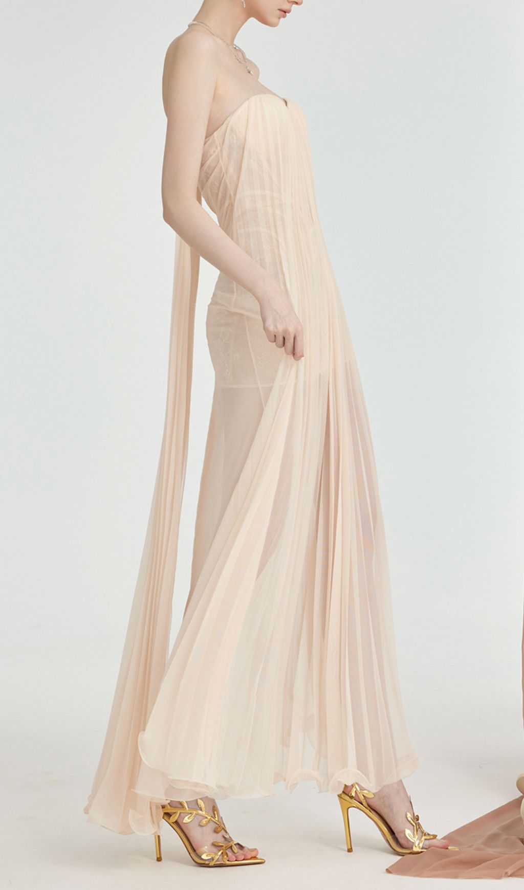 Fintan Apricot Strapless Mesh Lace Maxi Dress