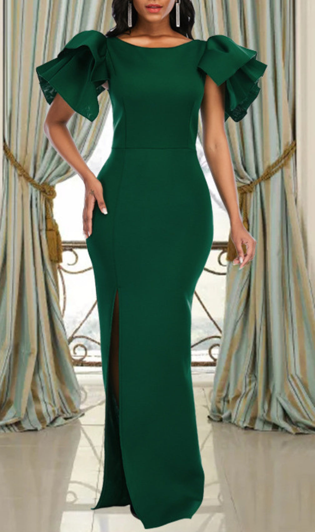 Badu Green Ruffle Slit Maxi Dress