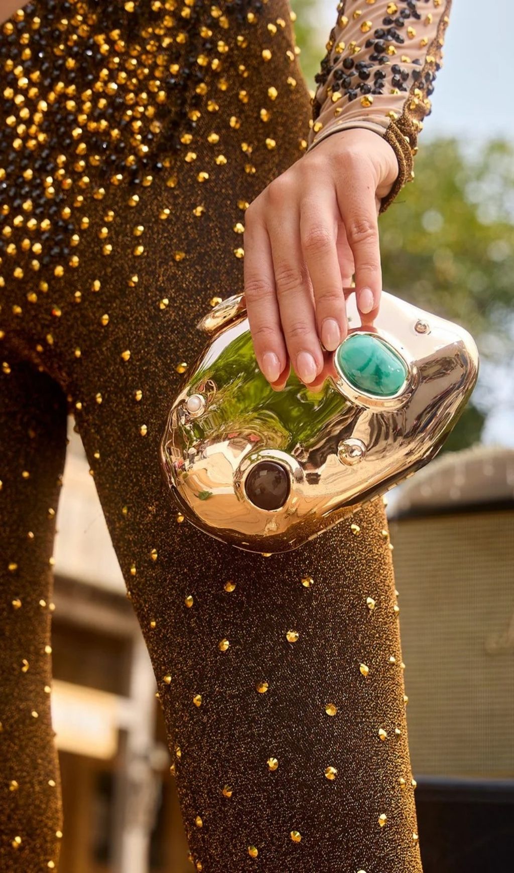 Bavelyn Dazzling Gemstone Clutch | Metallic Gold Statement Bag