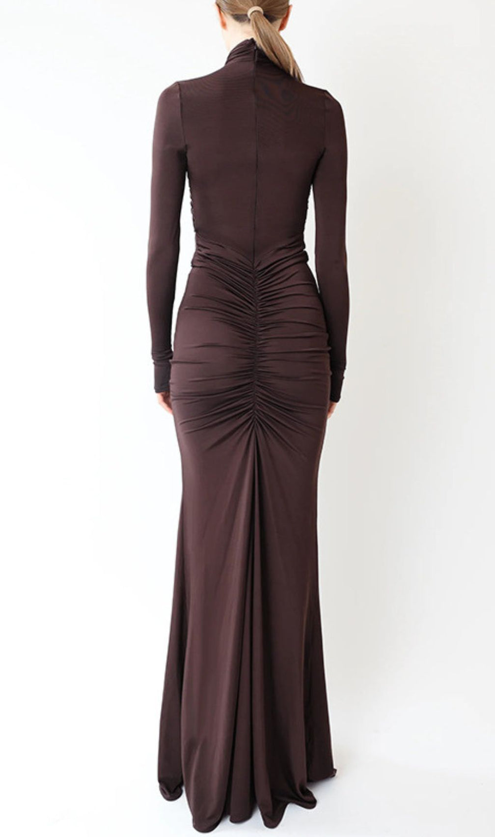 Inaya Coffee Elegance: Ruched Cut-Out Long Sleeve Maxi Dress