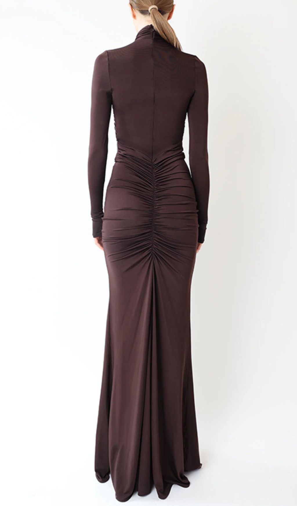 Inaya Coffee Elegance: Ruched Cut-Out Long Sleeve Maxi Dress
