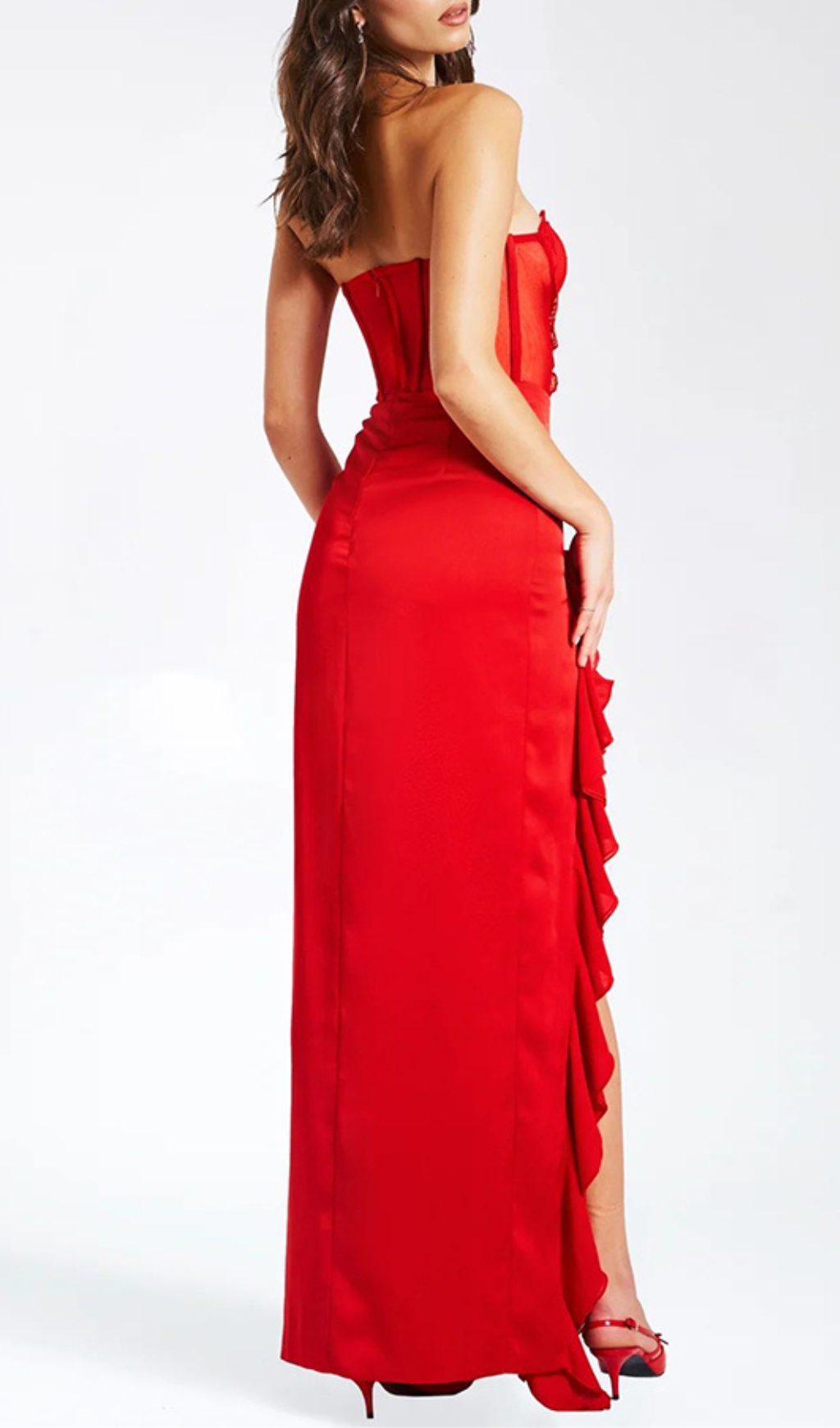 Amélie Red Satin Lace Corset Maxi Dress