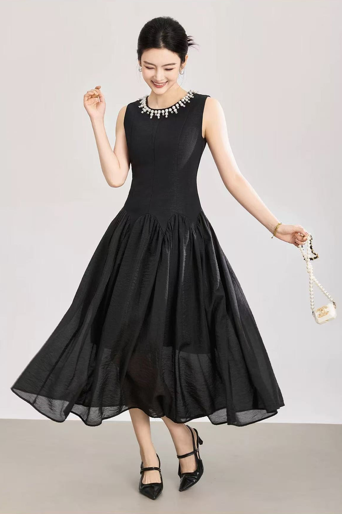 Sleeveless Midi Dress with Tulle Skirt and Pearl Embellished Collar - Black