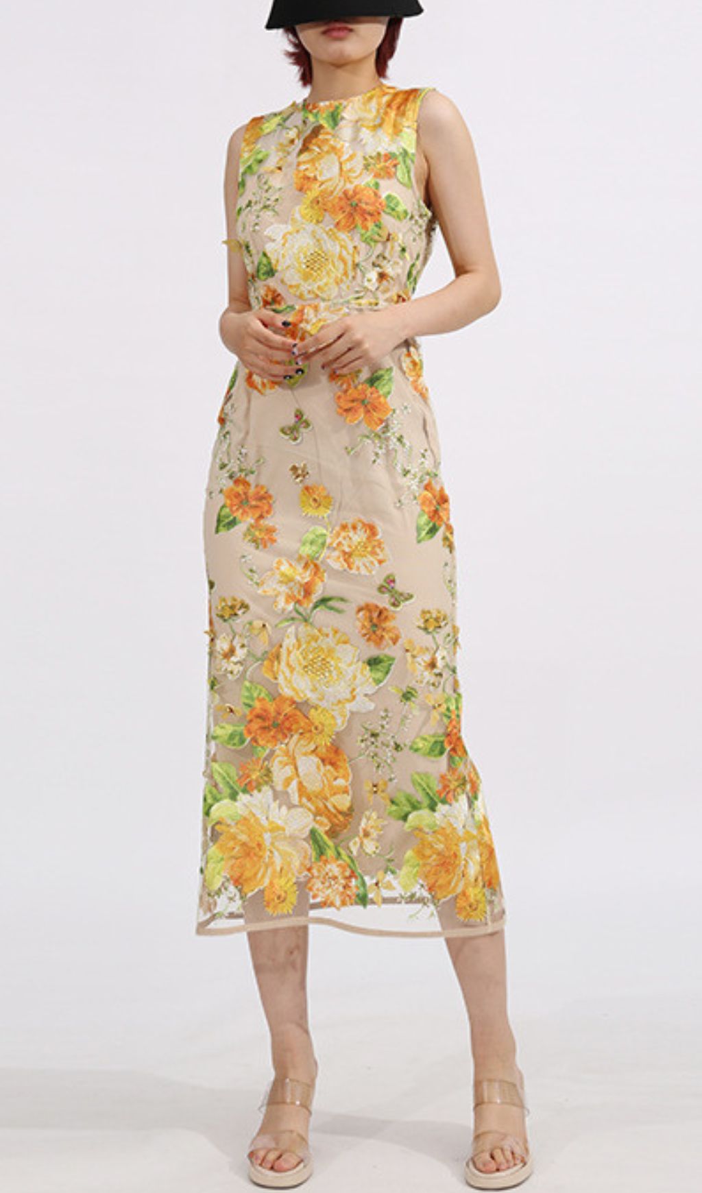 Elowen Yellow Sleeveless Flower Embroidery Midi Dress