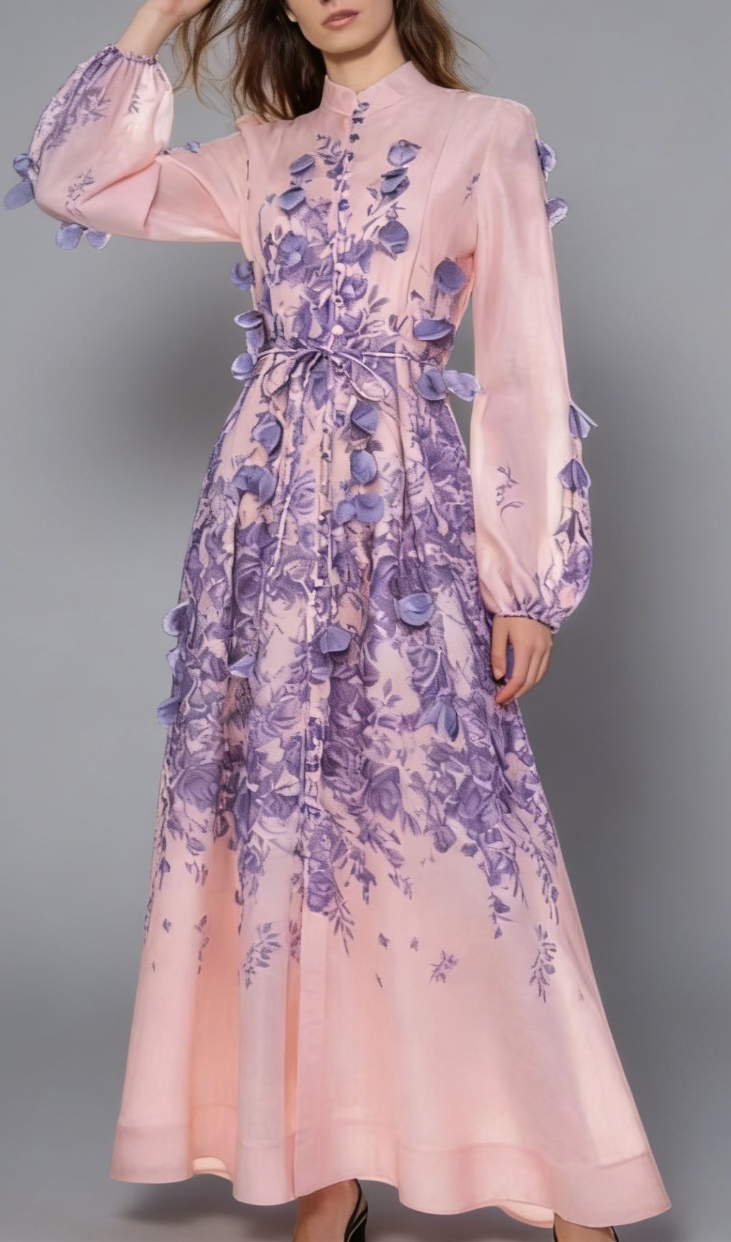 Karsyn Enchanted Garden Pink & Purple Floral Maxi Dress | 3D Petal Long Sleeve