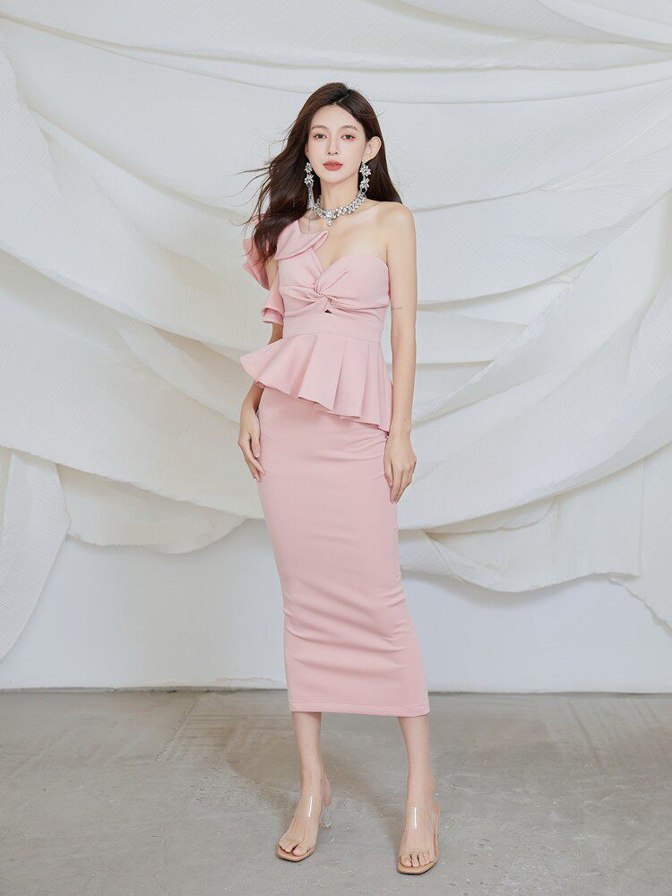 Elegant Strapless Ruffle Backless Maxi Dress Set with Peplum - Glamorous Evening Gown