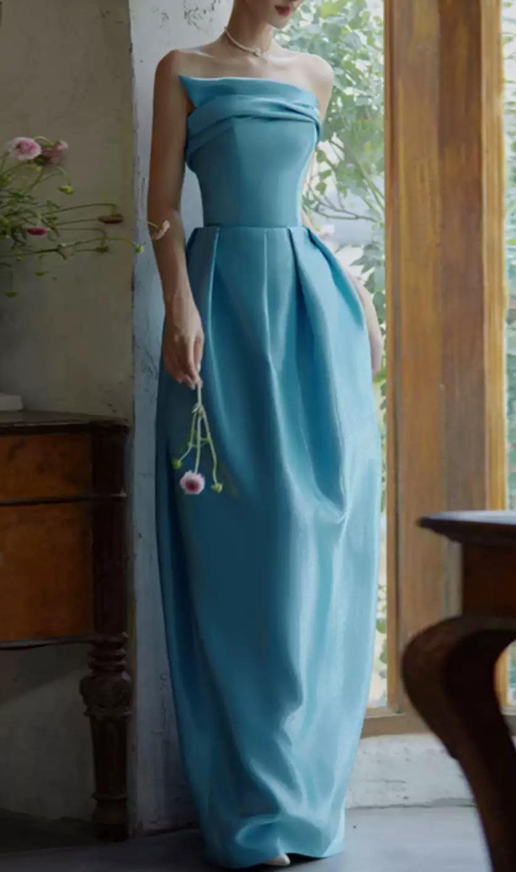 Bode Blue Strapless Bud Maxi Dress