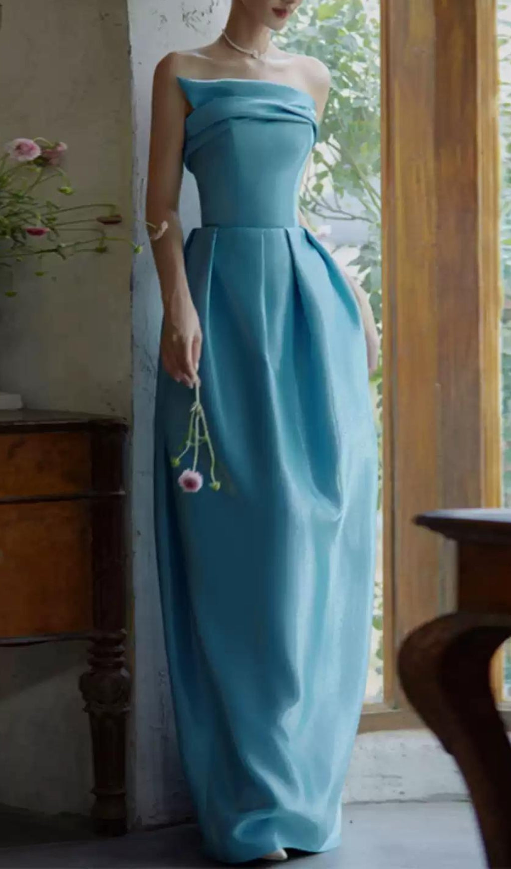 Bode Blue Strapless Bud Maxi Dress