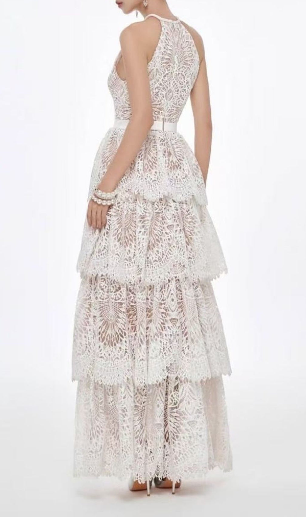 Kaylana Halter Embroidered Lace Tiered Maxi Dress - Boho Chic Wedding Guest Gown