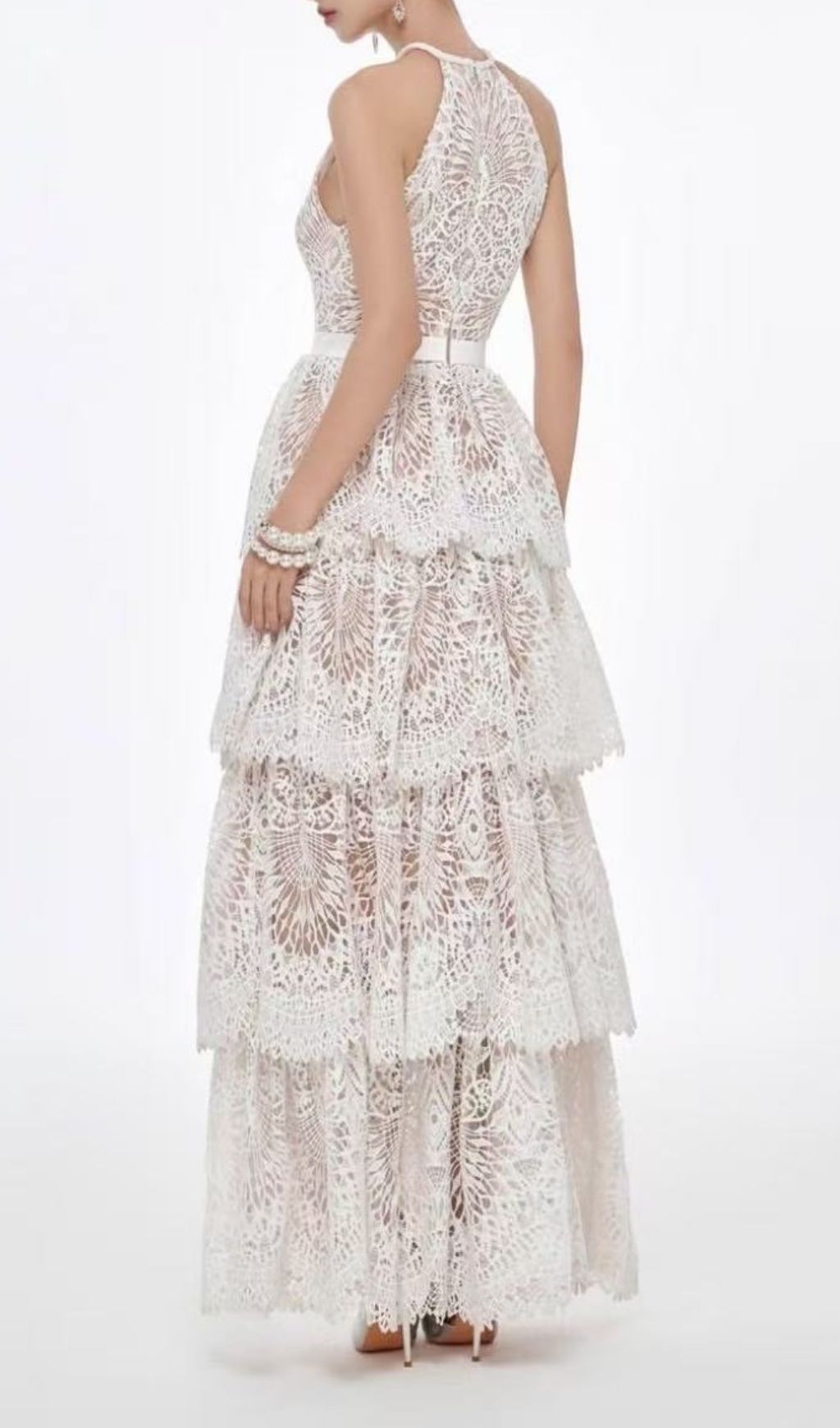 Kaylana Halter Embroidered Lace Tiered Maxi Dress - Boho Chic Wedding Guest Gown