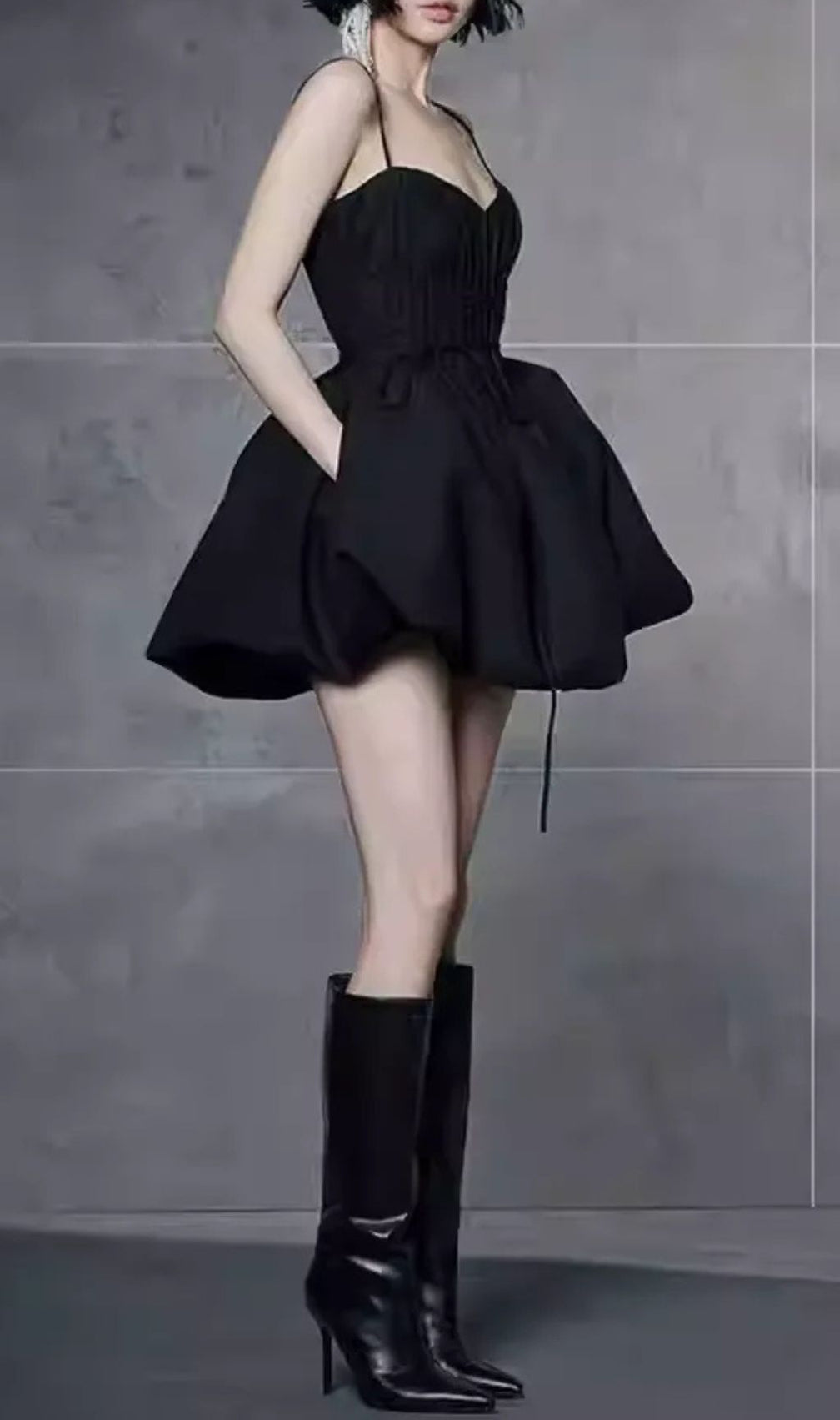 Janice Black Strappy Corset Bodice Mini Dress | Pleated Voluminous Skirt