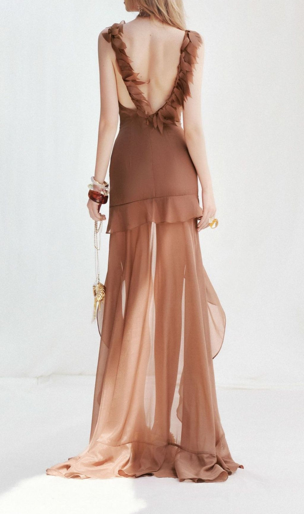 Kobi Amber Leaf Ruffle Mesh Maxi Dress