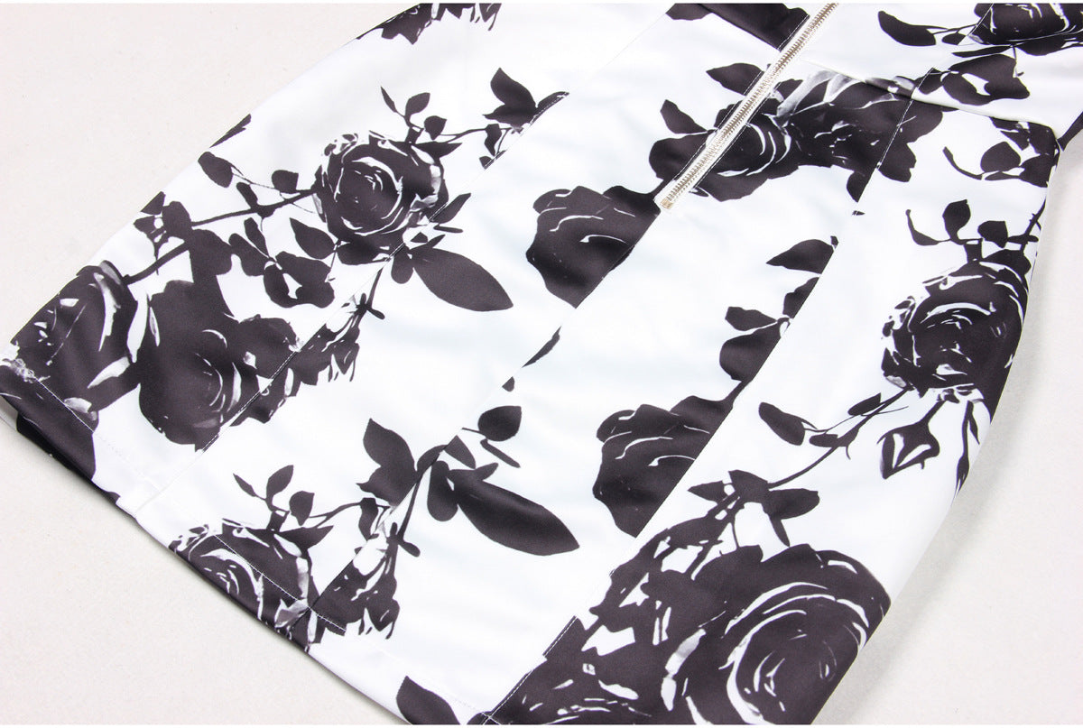 Katsuye Chic Black & White Rose Print Halter Mini Dress