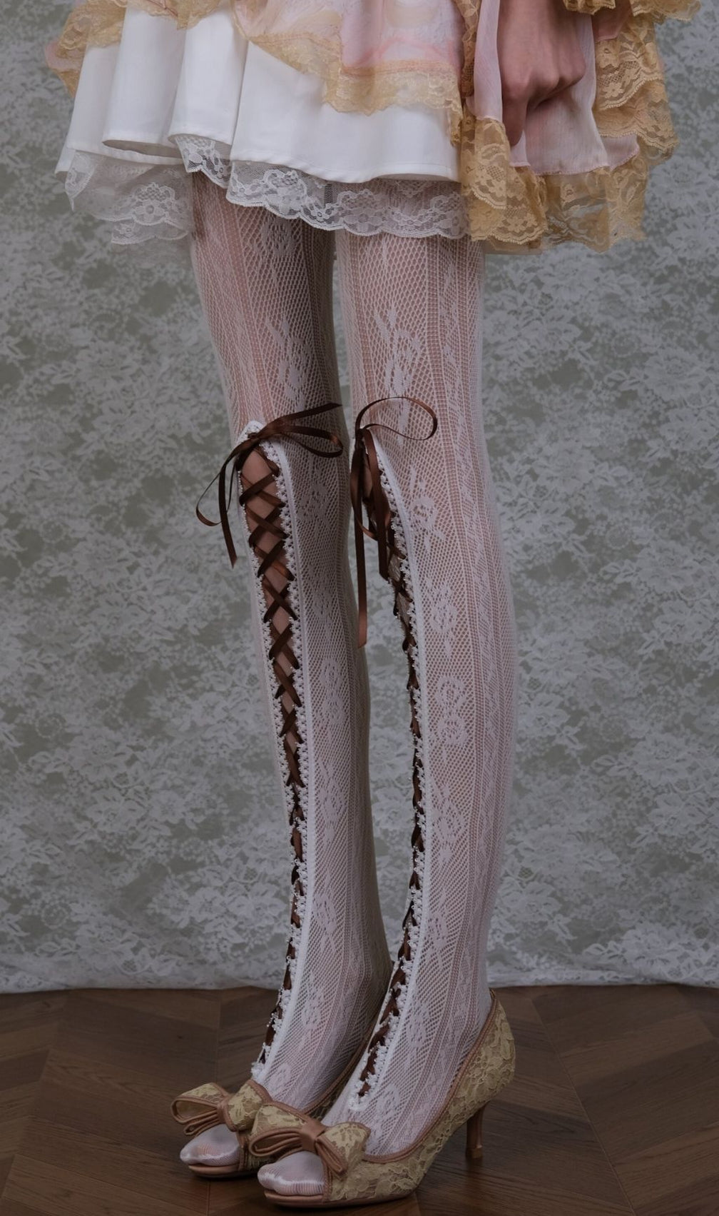 White Lace & Brown Lace-up Tights