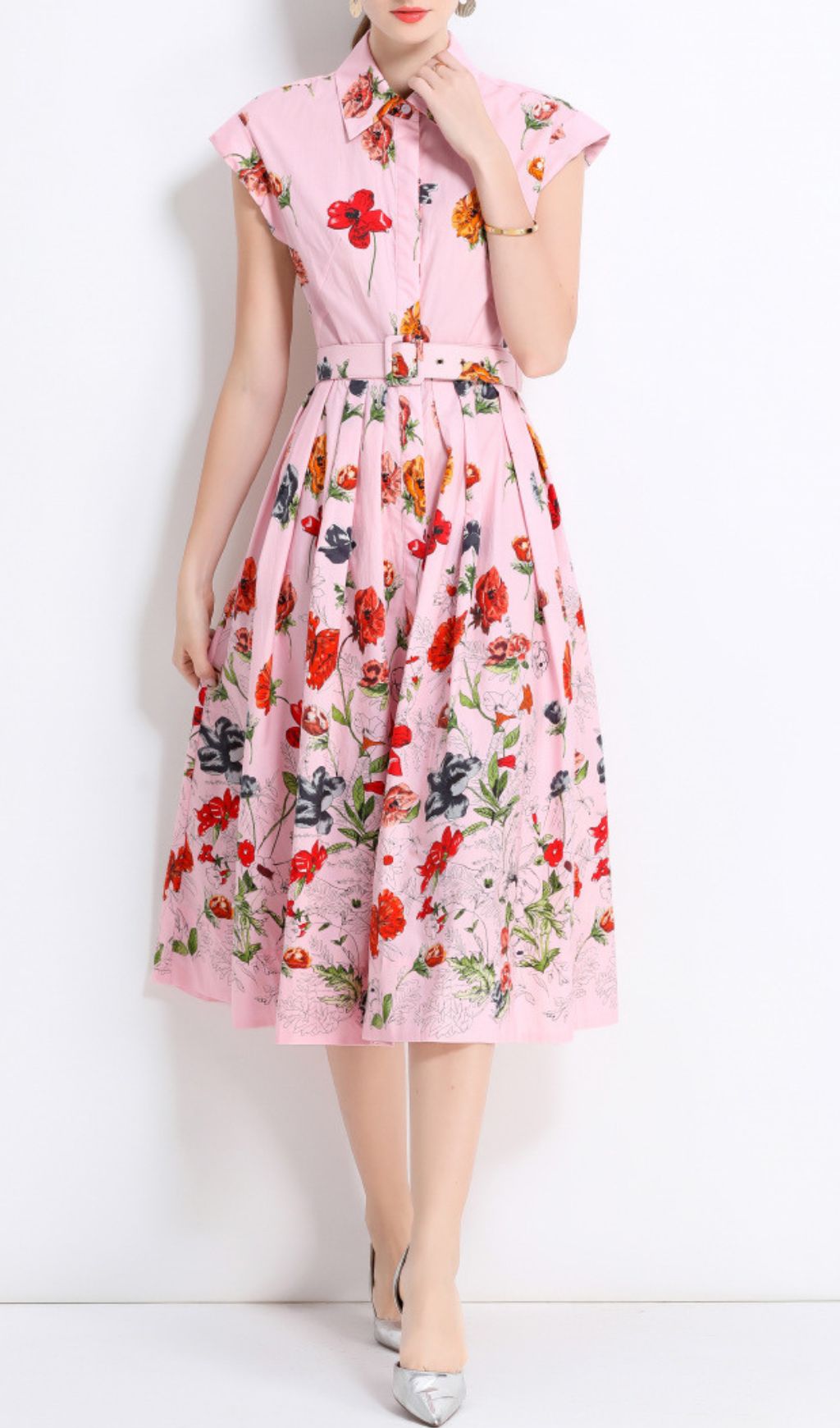 Fusca Pink Flower Printed Midi Dress