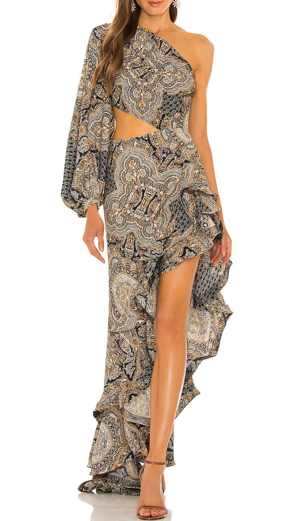 Javen Bohemian Paisley One-Shoulder Ruffle Maxi Dress