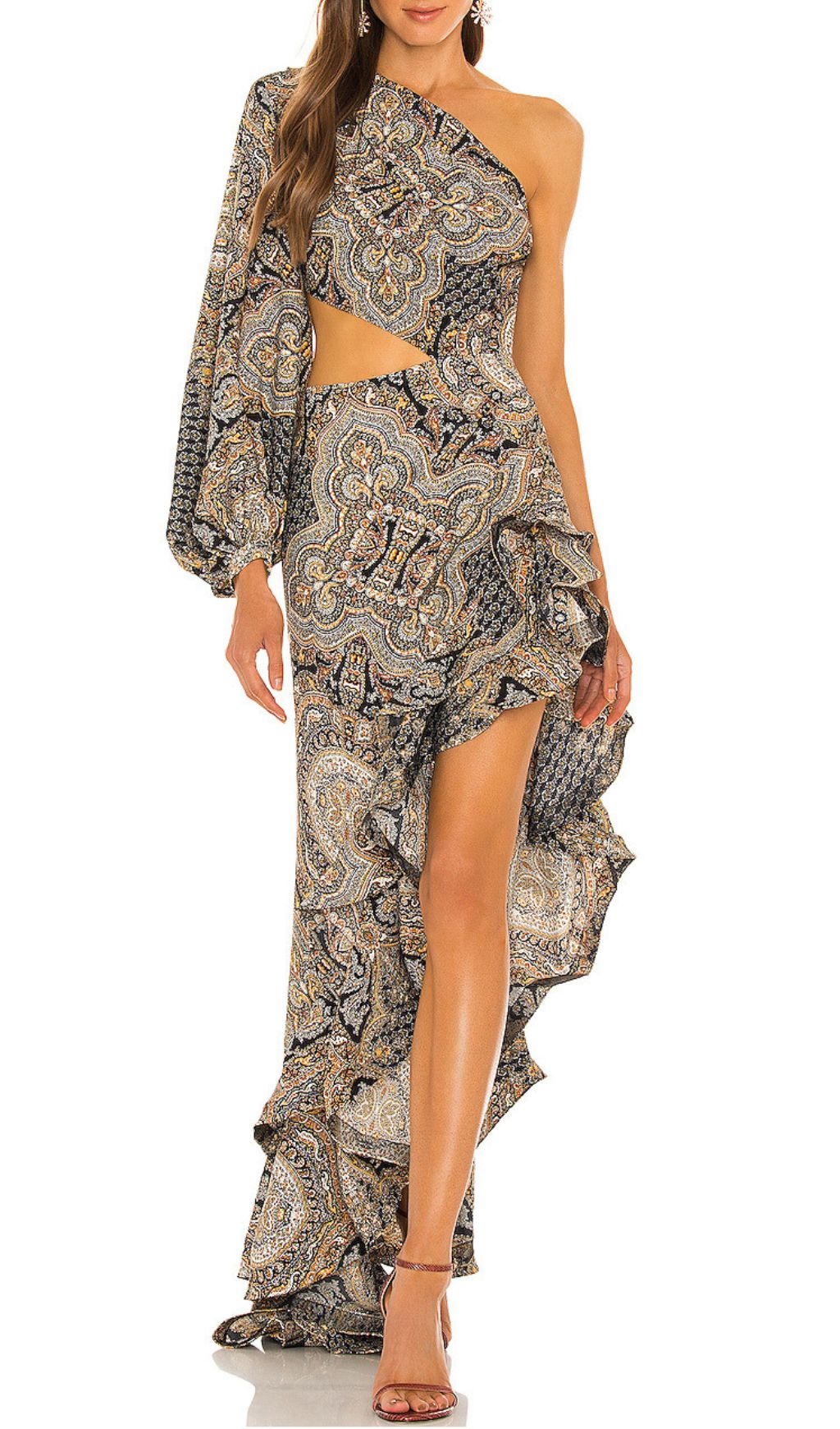 Javen Bohemian Paisley One-Shoulder Ruffle Maxi Dress