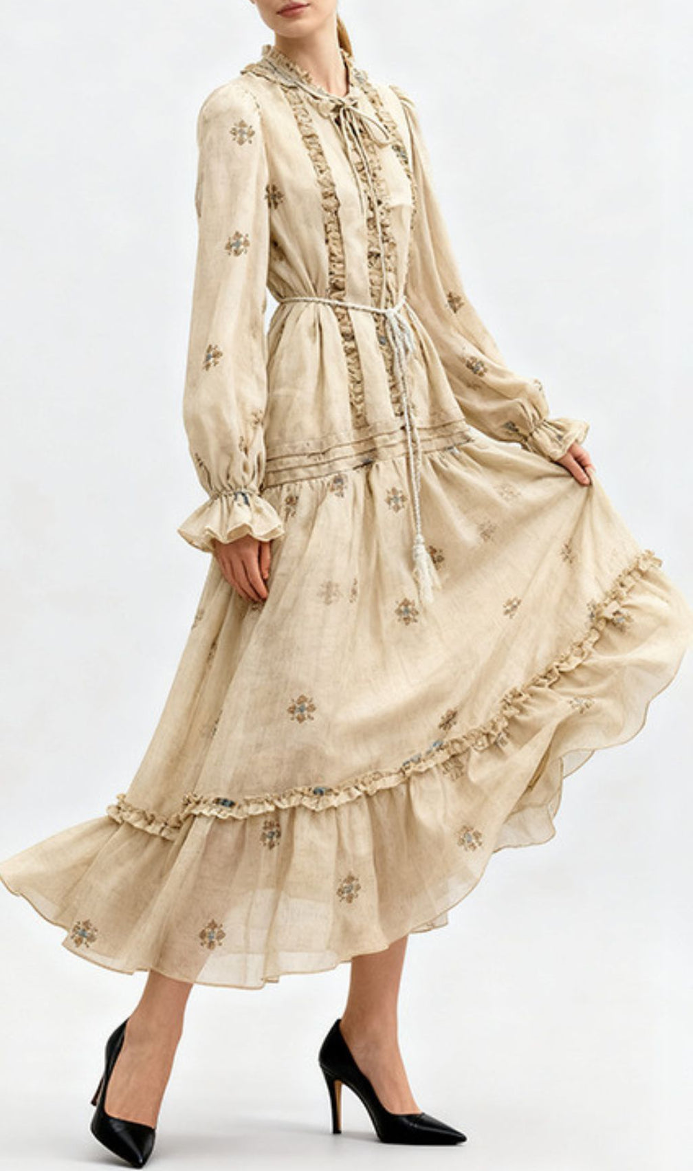 Indiya Artisan Print Midi Dress | Elegant Boho Long Sleeve Tiered Dress