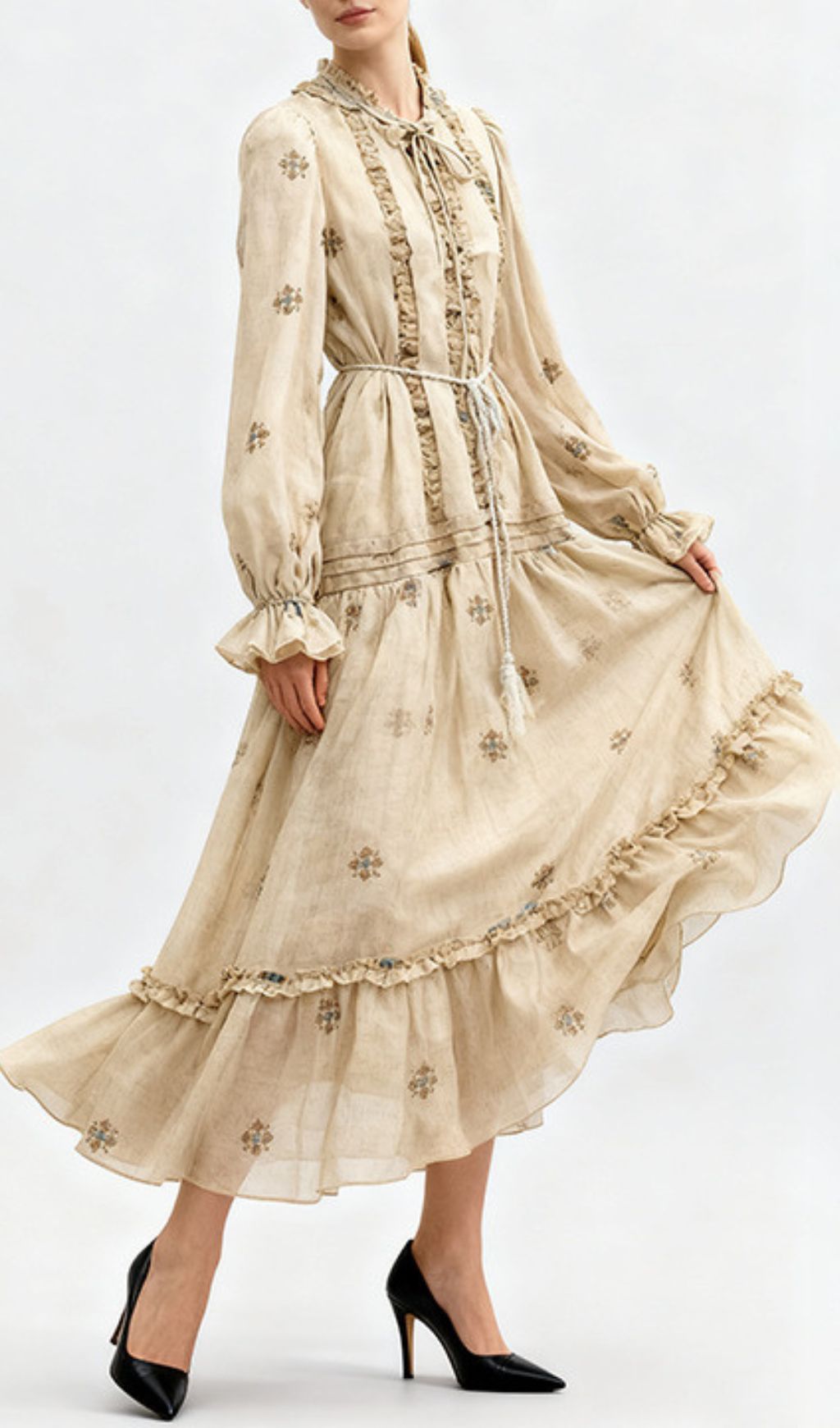 Indiya Artisan Print Midi Dress | Elegant Boho Long Sleeve Tiered Dress