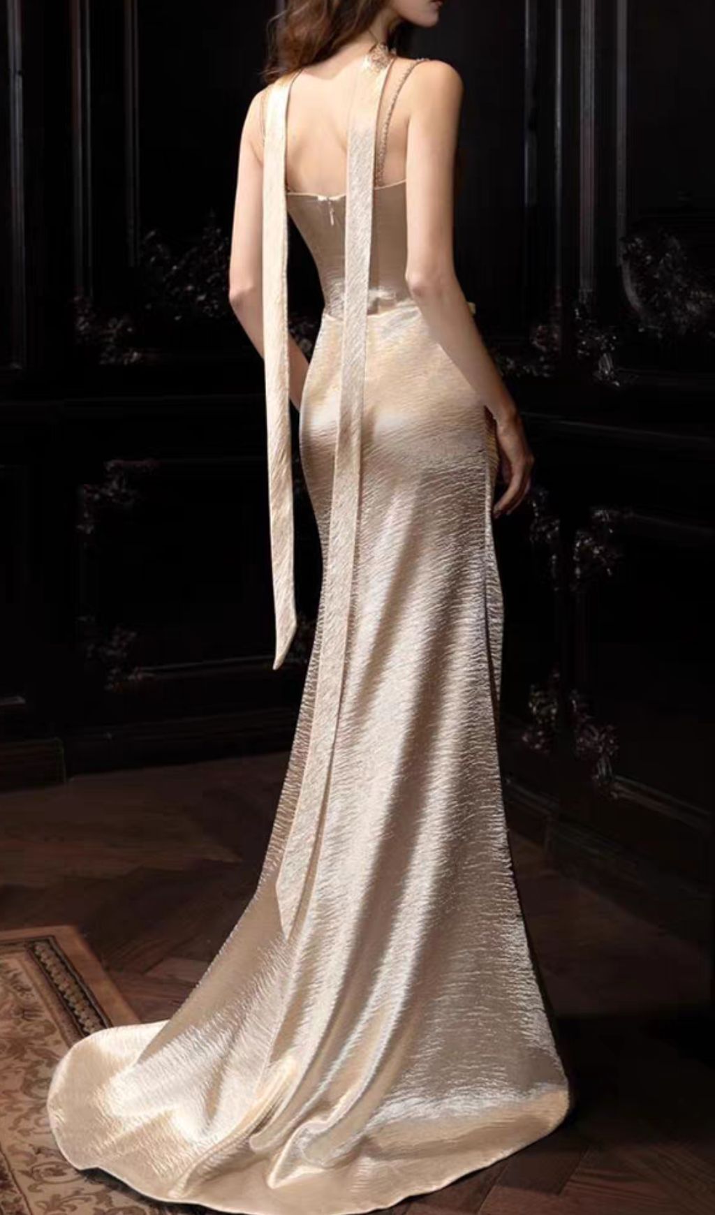 Hung Champagne Strappy Ruched Maxi Dress