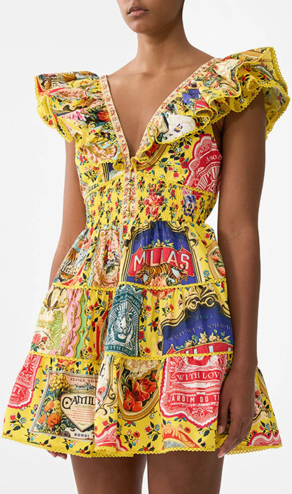 Gelsey Yellow Printed V-Neck Mini Dress