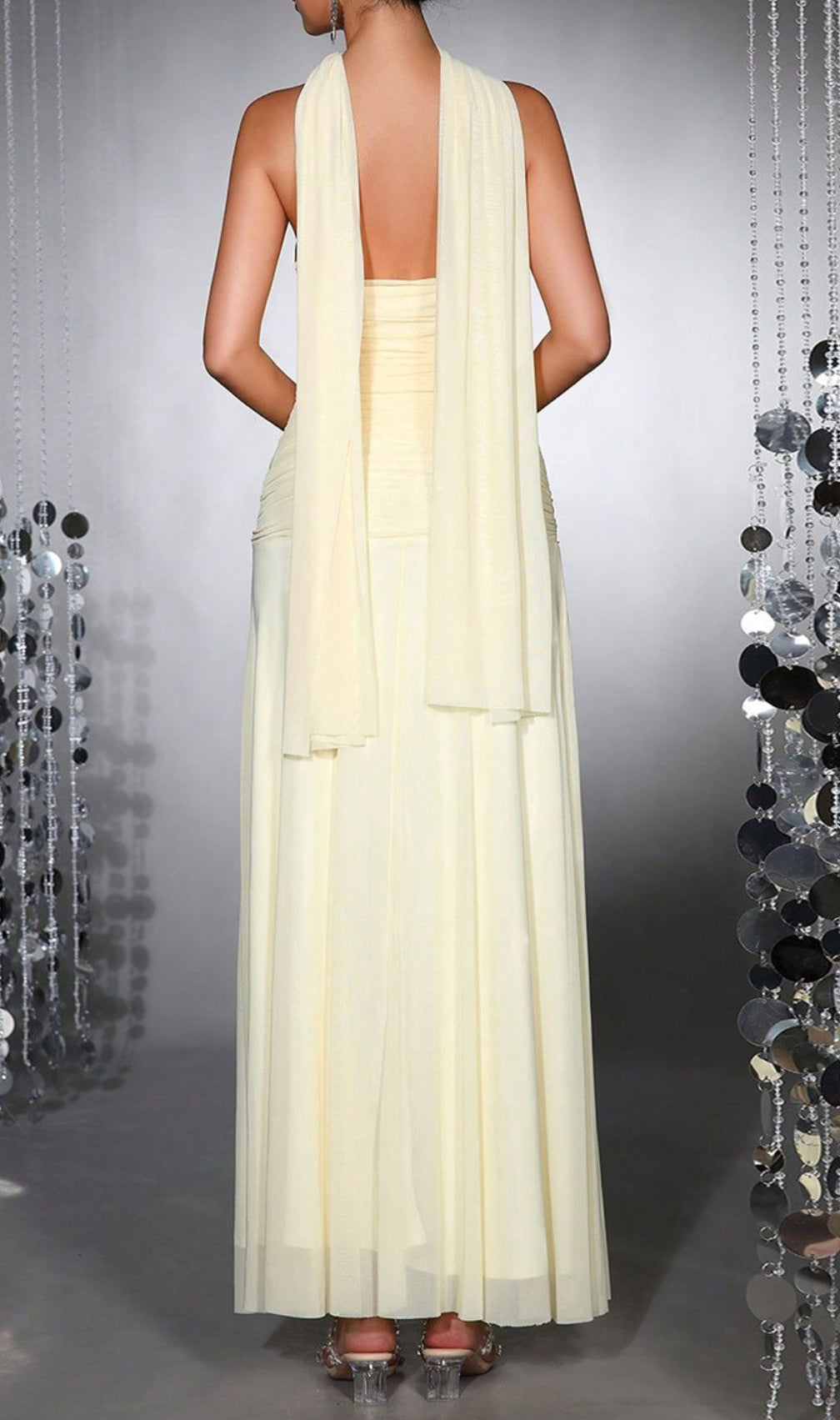 Hajar Elegant Strapless Ruched Mesh Maxi Dress - Formal Evening Gown for Women