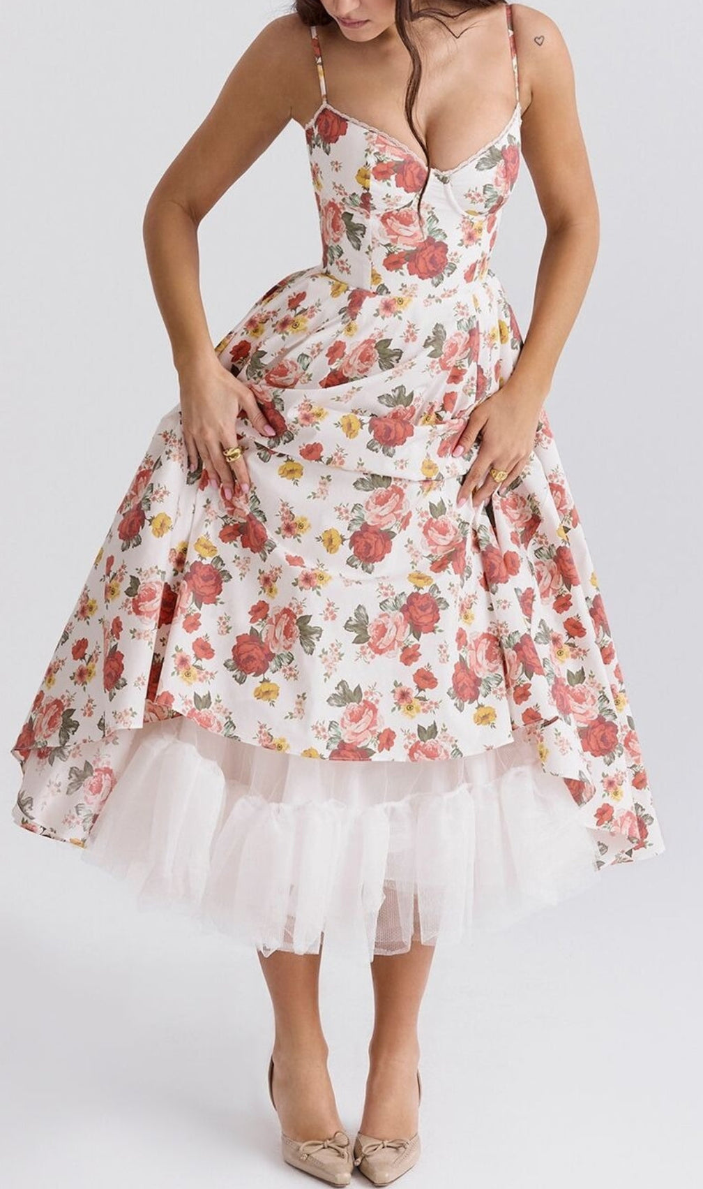 Aqua Rose Print Tulle Midi Dress