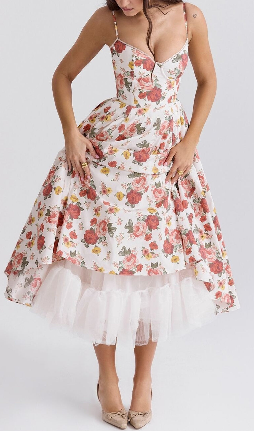 Aqua Rose Print Tulle Midi Dress