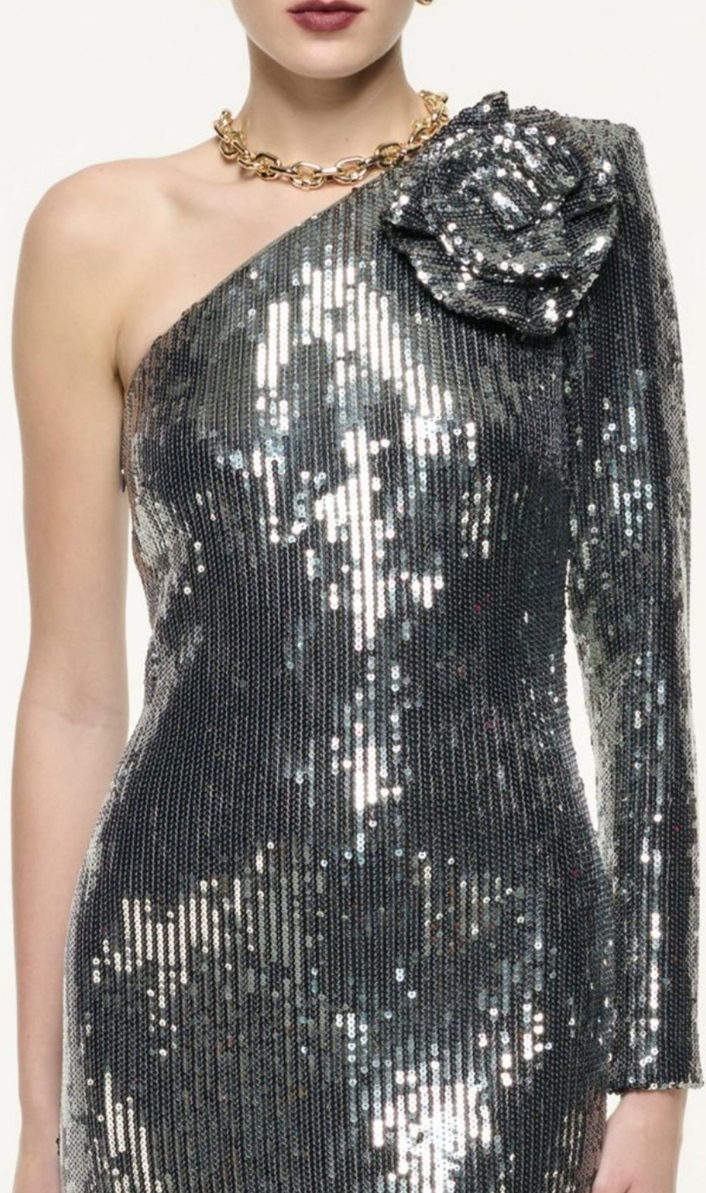 Charlot Silver Sequin Flower Maxi Dress