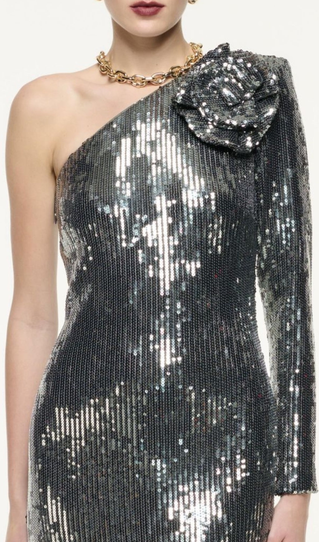 Charlot Silver Sequin Flower Maxi Dress