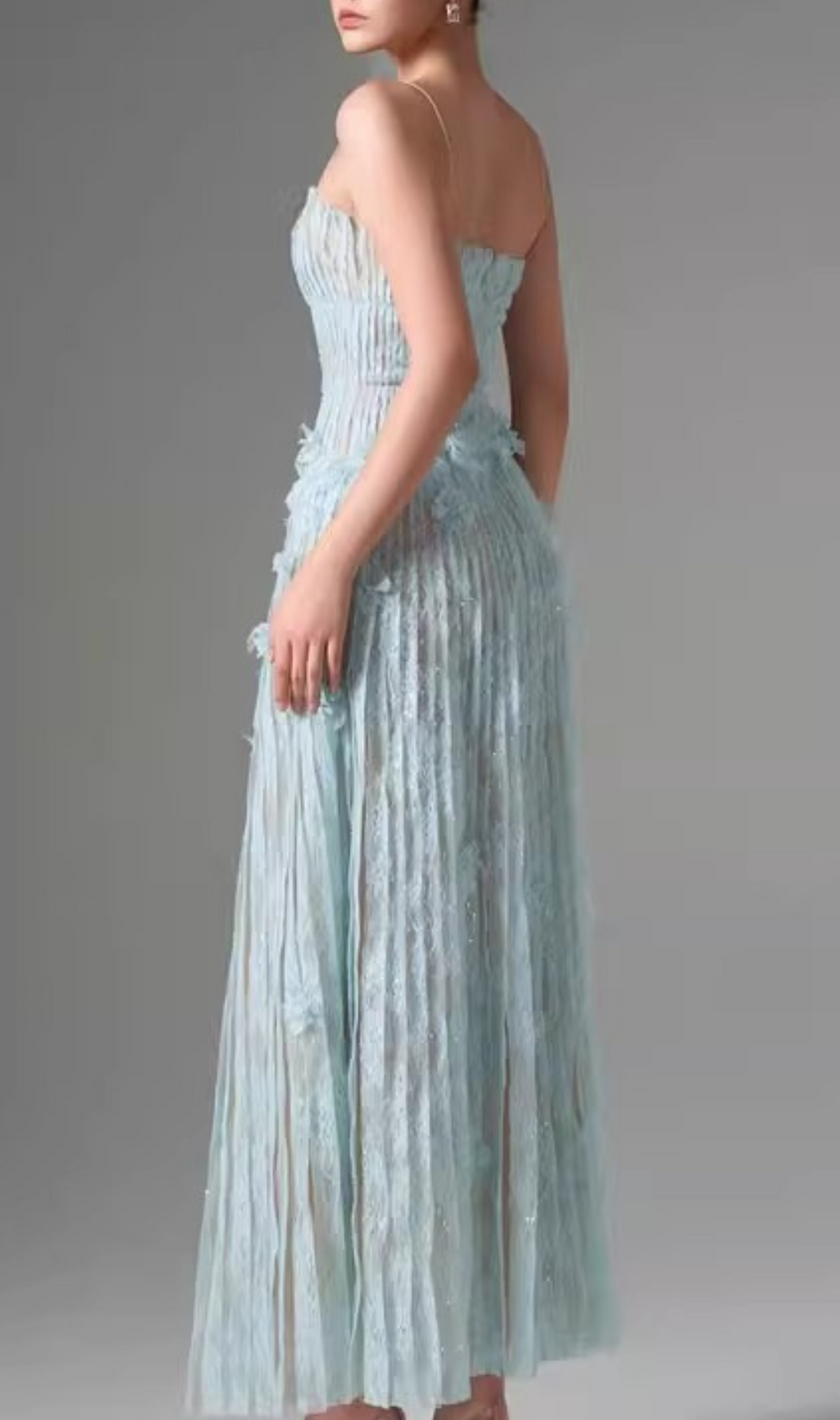 Heli Blue Lace Pleated Maxi Dress