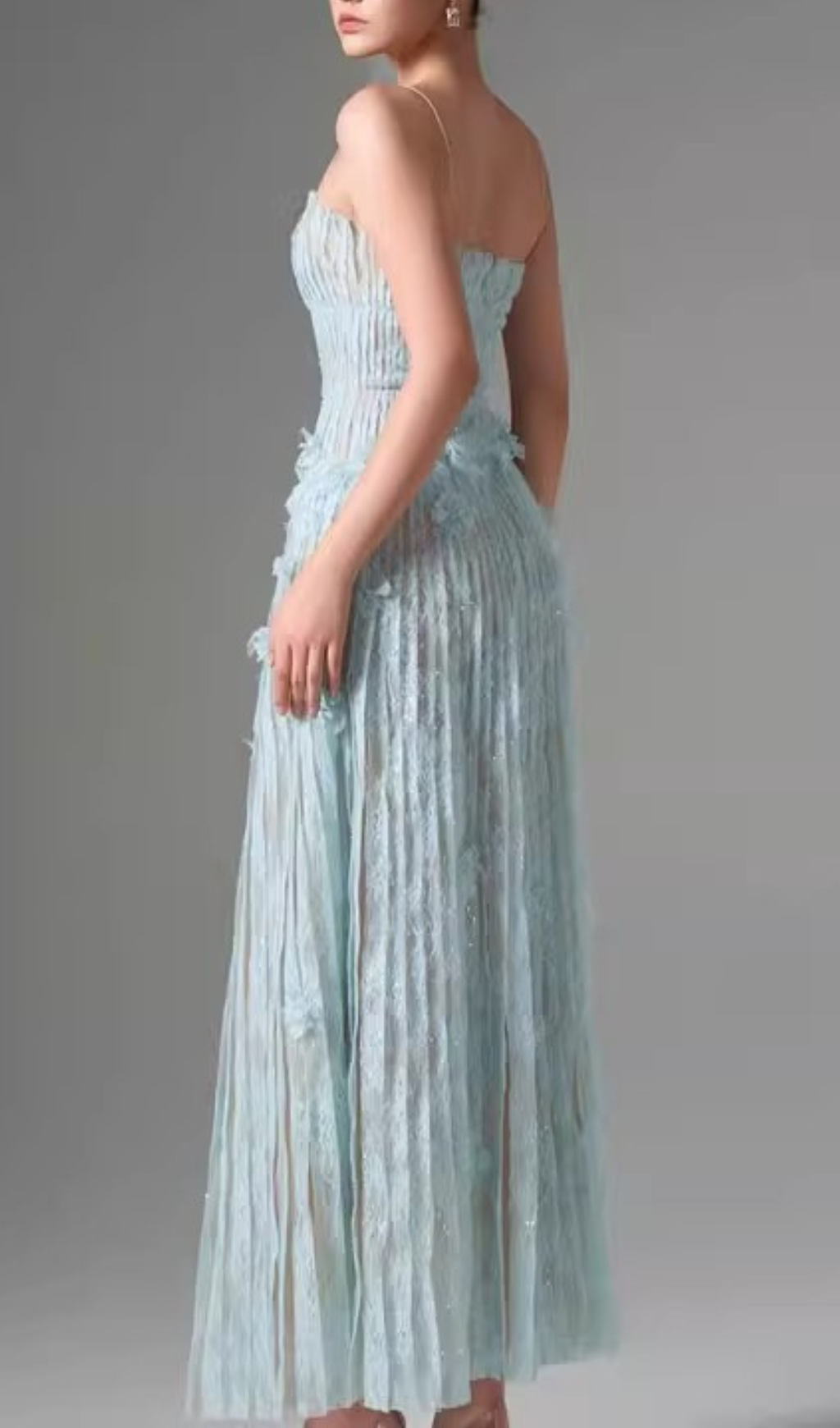Heli Blue Lace Pleated Maxi Dress