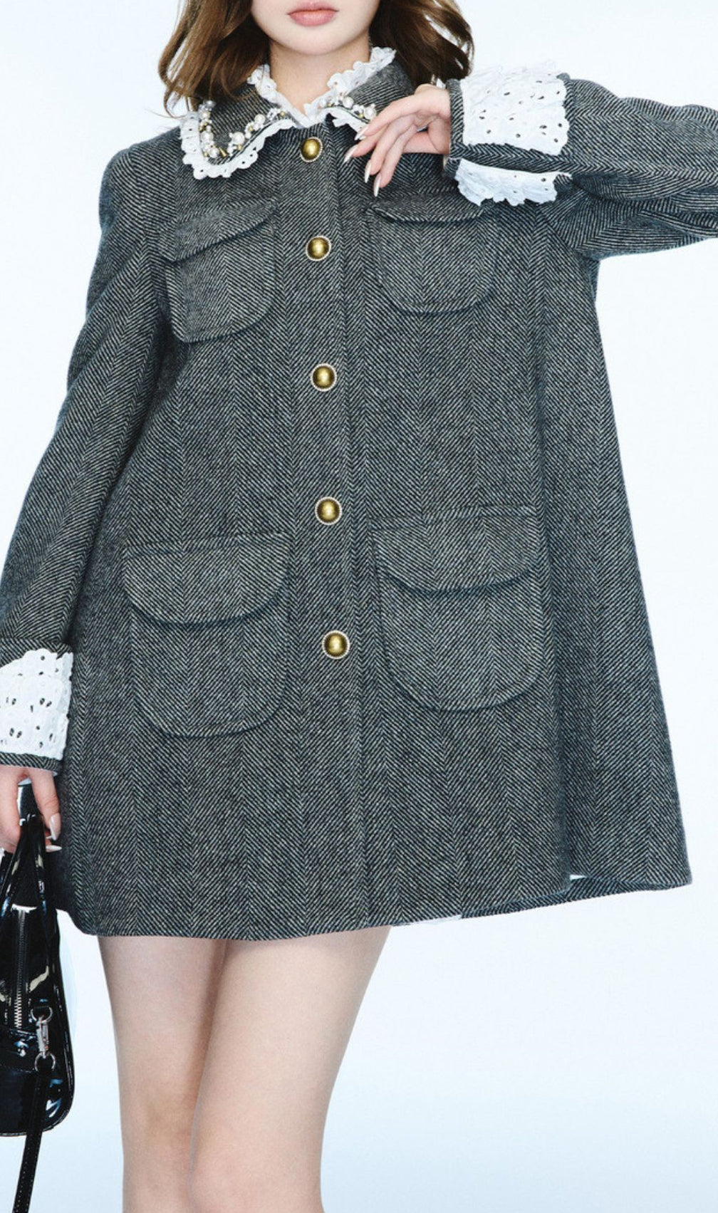 Ioan Chic Grey Patchwork Coat with Gold Buttons - Women's Herringbone Outerwear