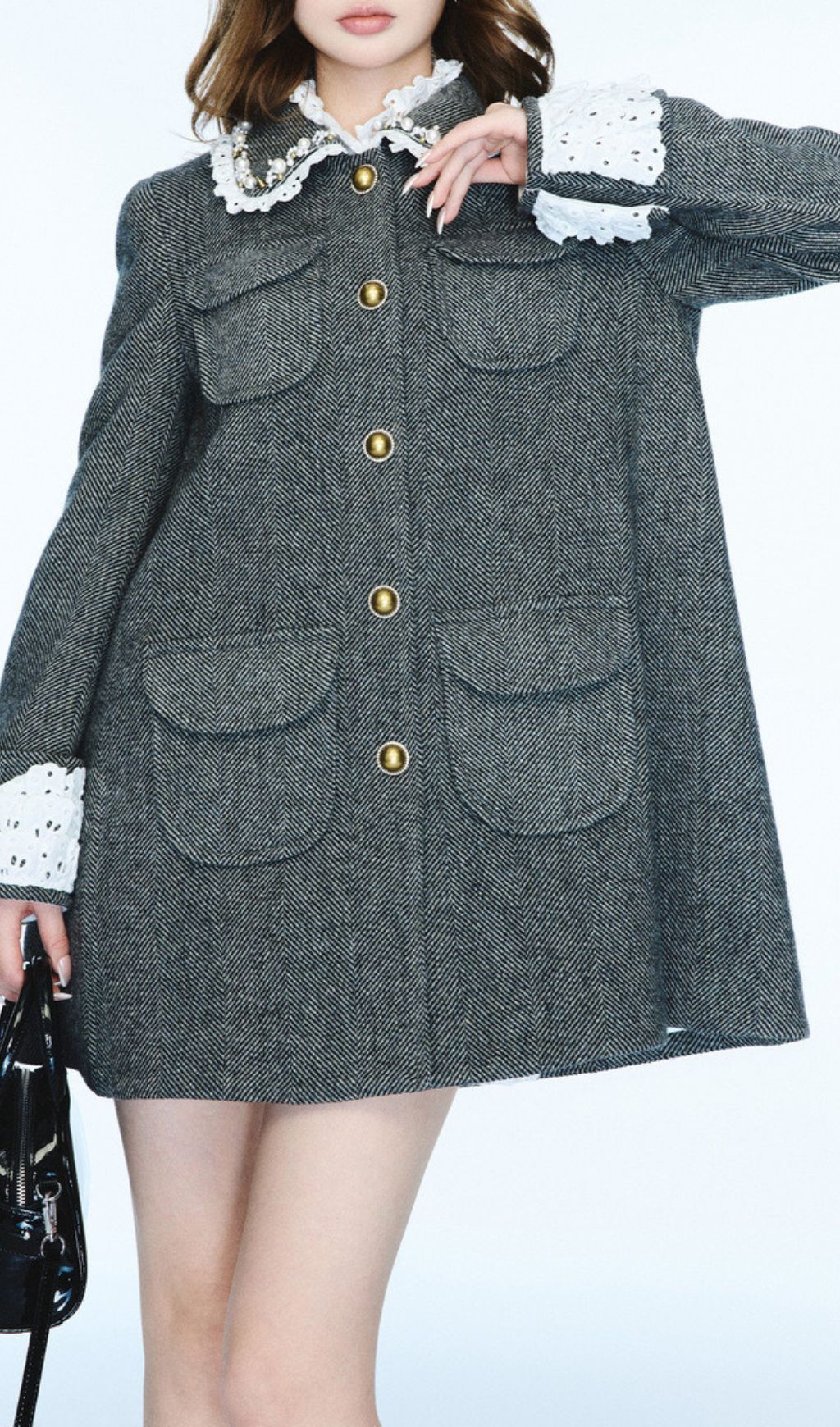Ioan Chic Grey Patchwork Coat with Gold Buttons - Women's Herringbone Outerwear