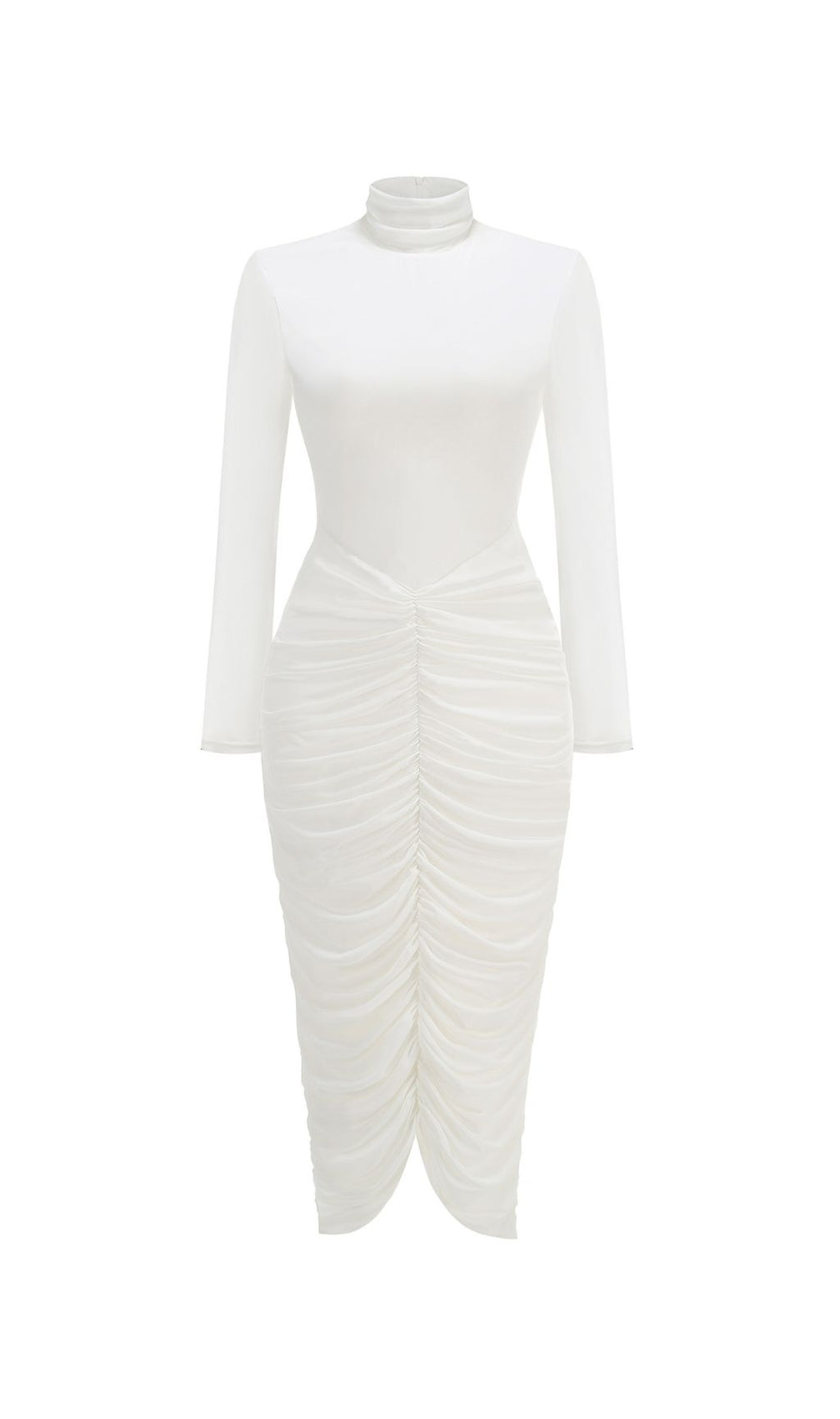 Jabbar Sculptural White Ruched Midi Dress | Elegant Long Sleeve Bodycon for Women