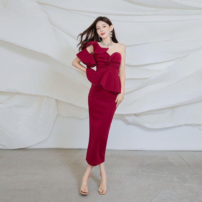 Elegant Strapless Ruffle Backless Maxi Dress Set with Peplum - Glamorous Evening Gown