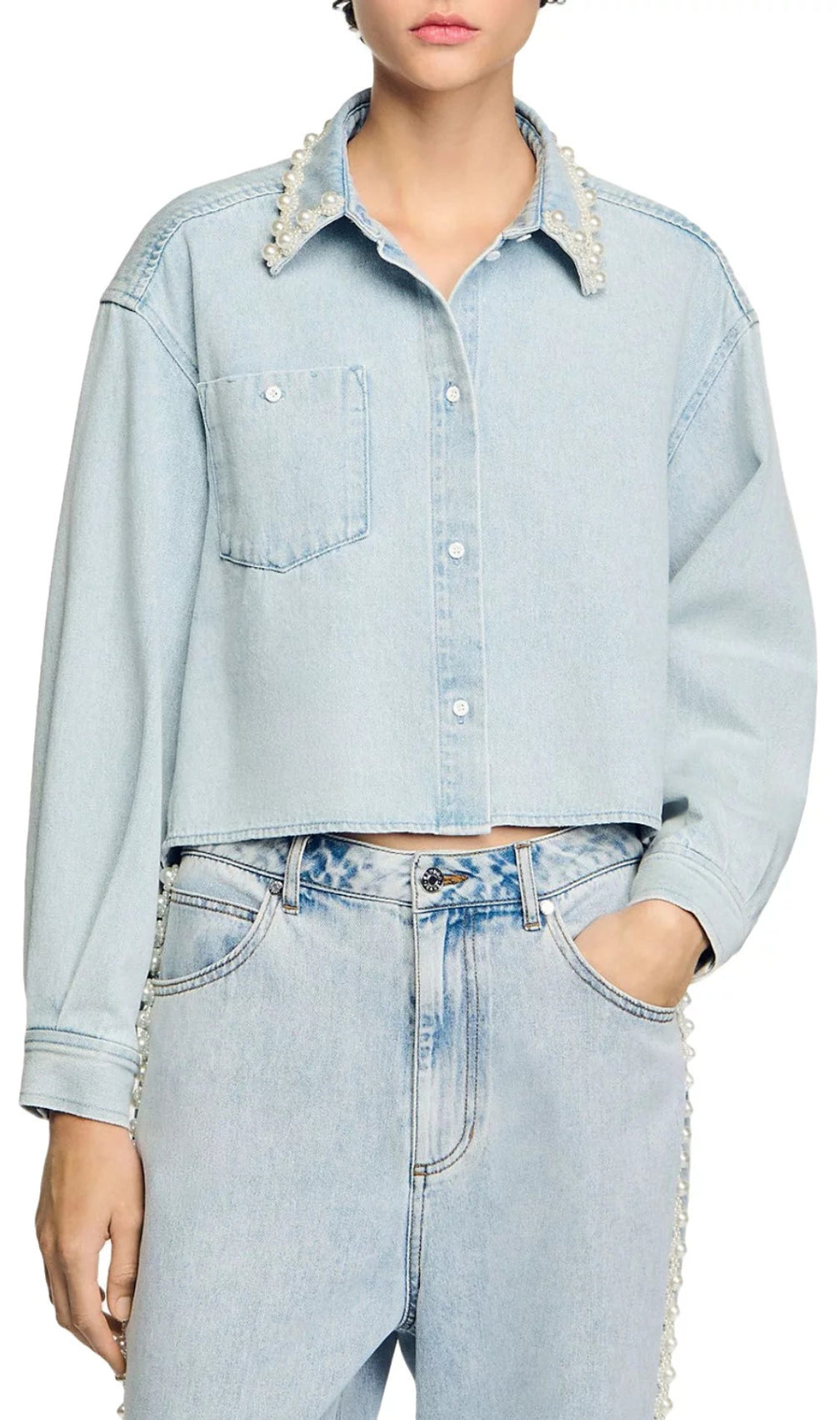 Beaded Collar Denim Shirt