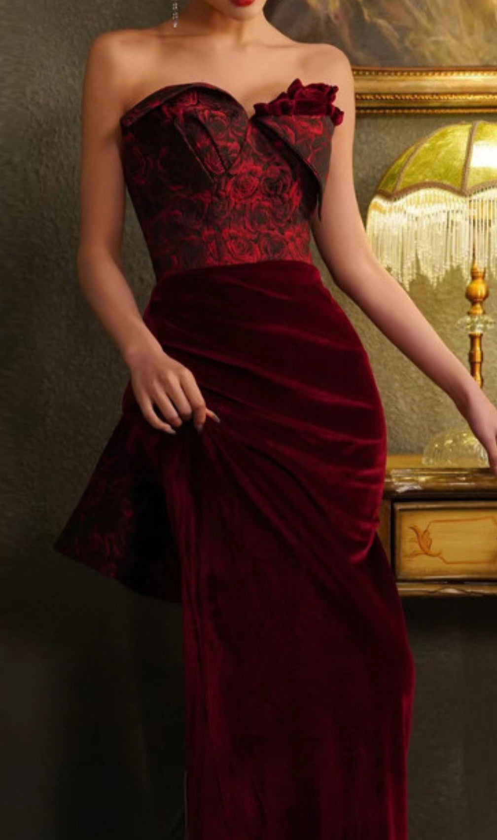 Chainey Wine Flower Velvet Maxi Dress